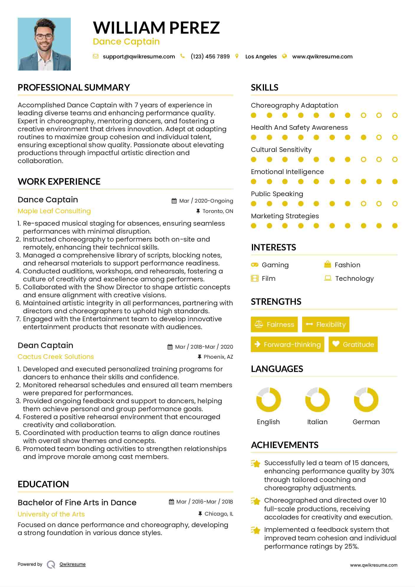 Dance Captain Resume Model
