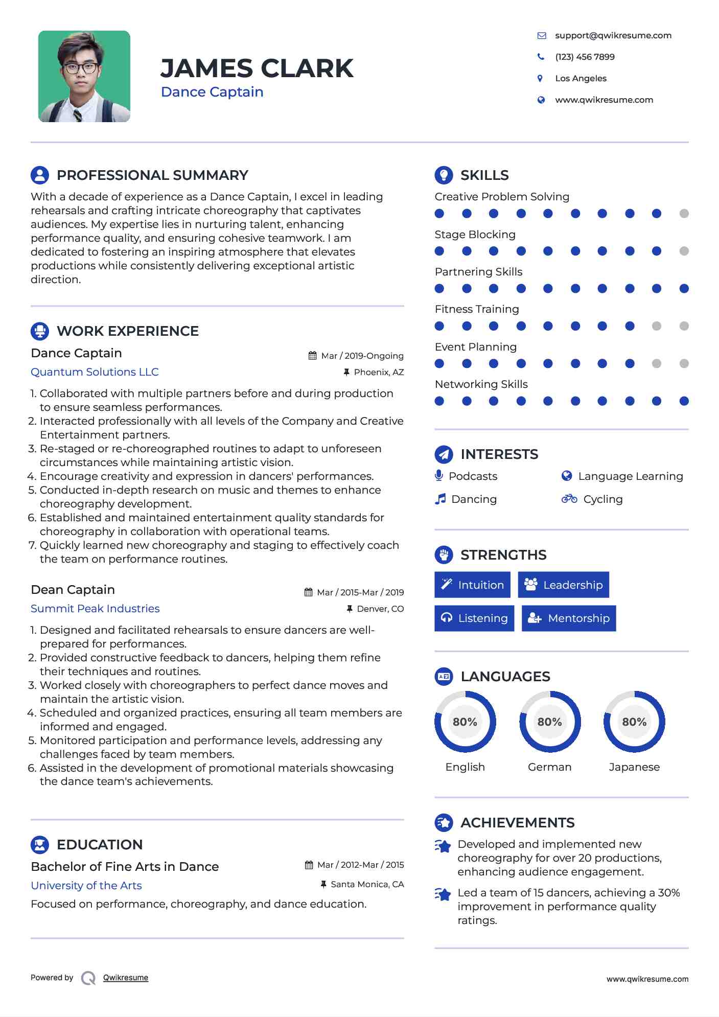 Dance Captain Resume Model