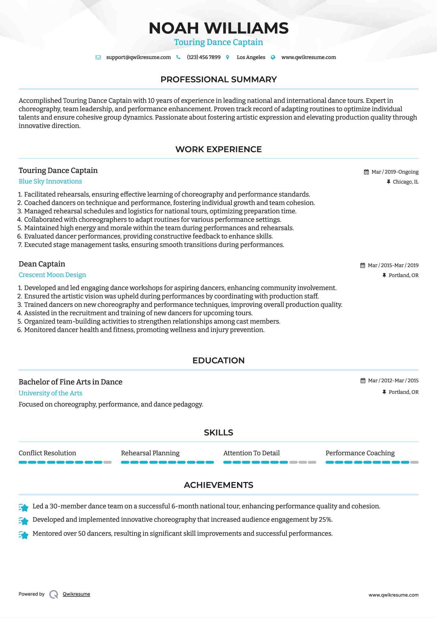 Touring Dance Captain
 Resume Format