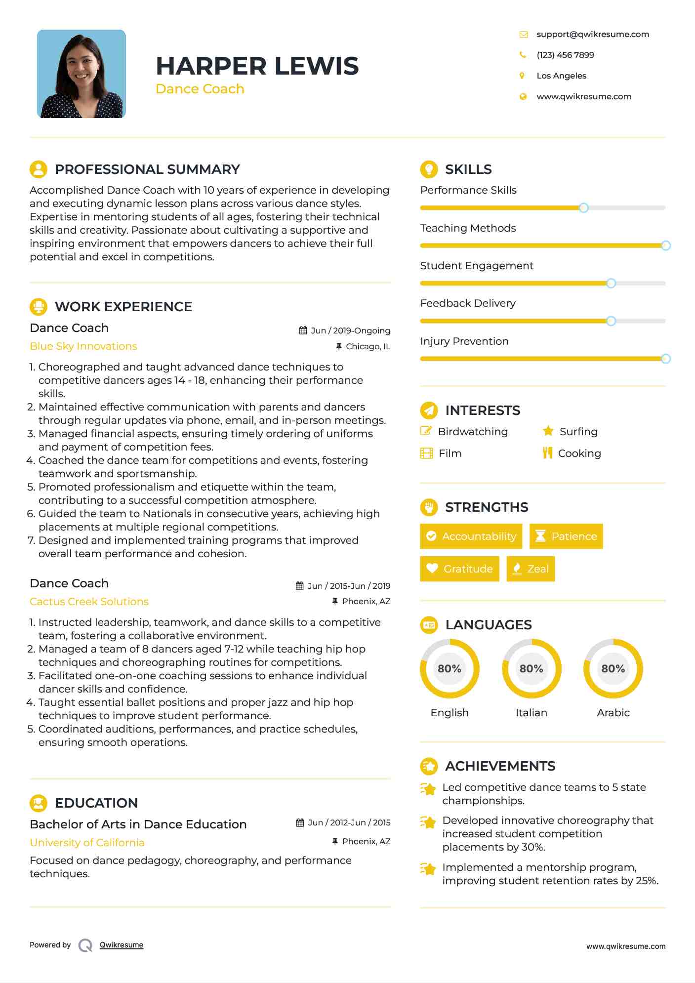 Dance Coach Resume Sample