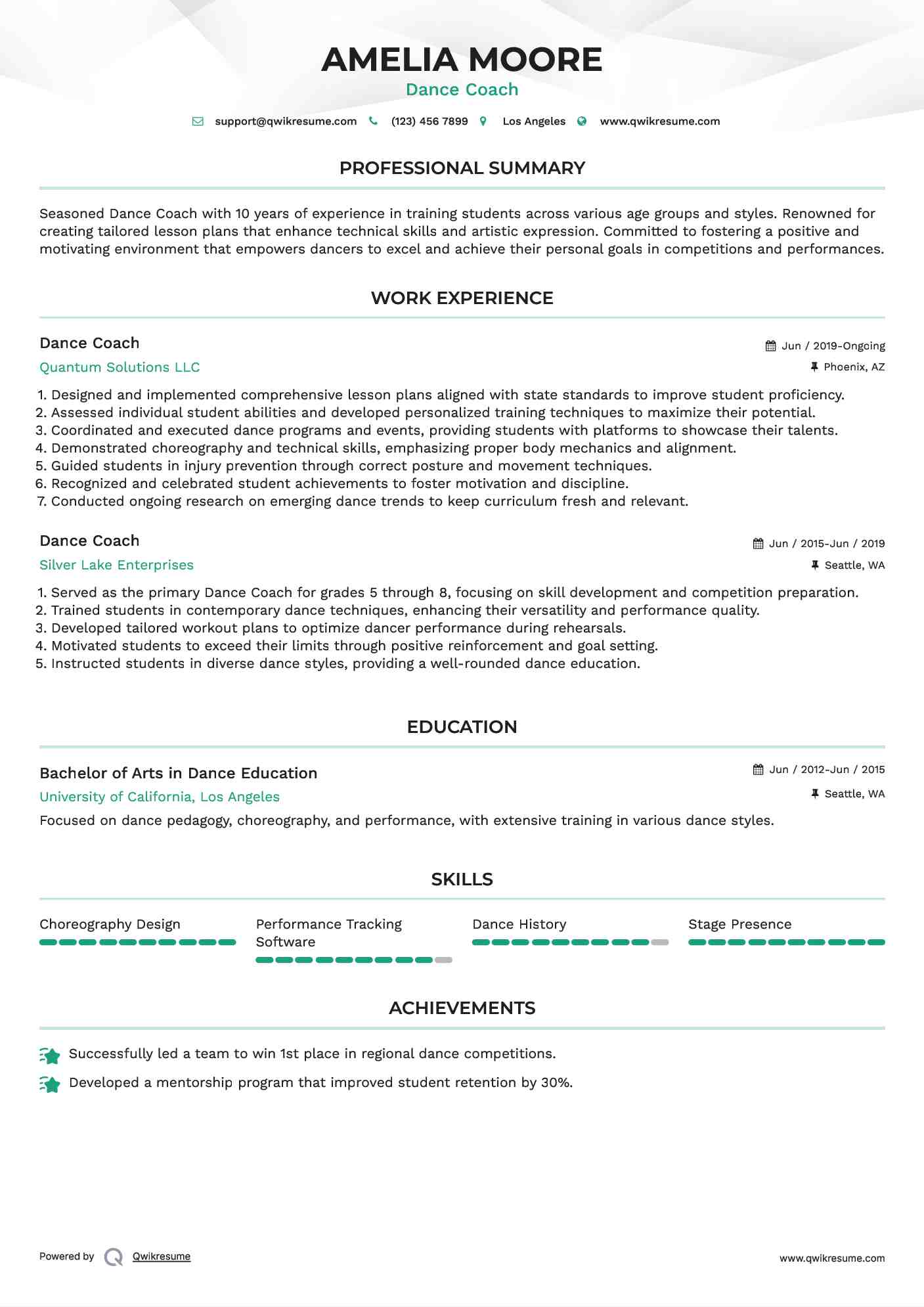 Dance Coach Resume Example