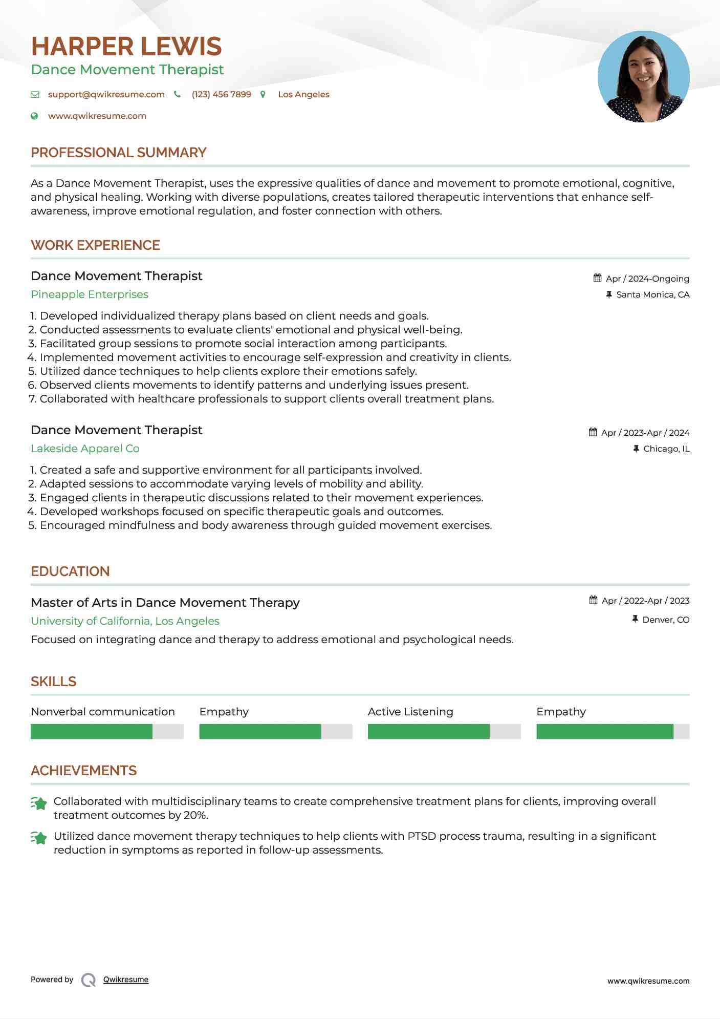 Dance Movement Therapist Resume Sample