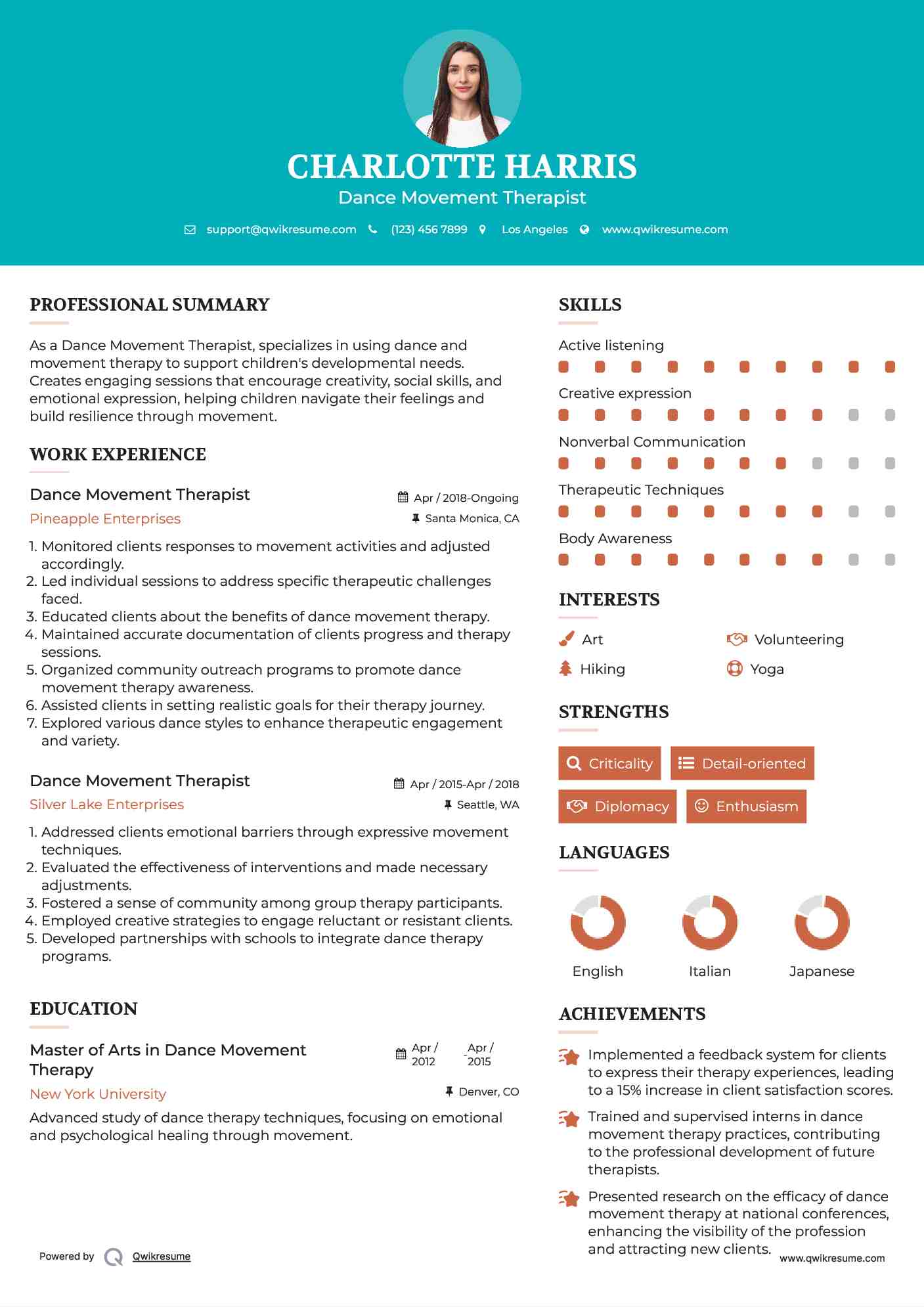 Dance Movement Therapist Resume Sample