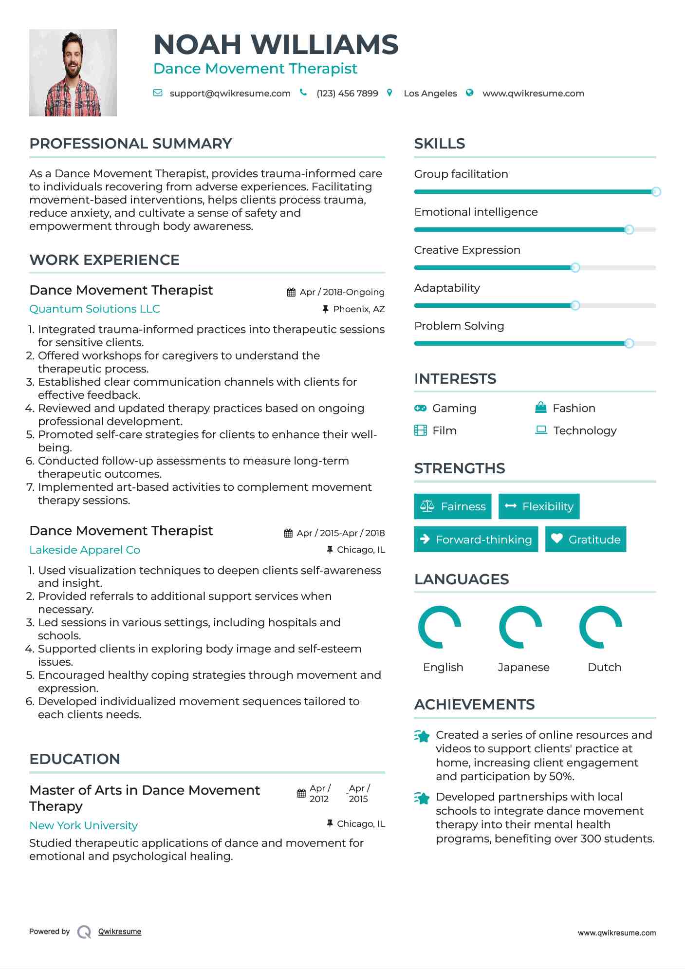 Dance Movement Therapist Resume Model