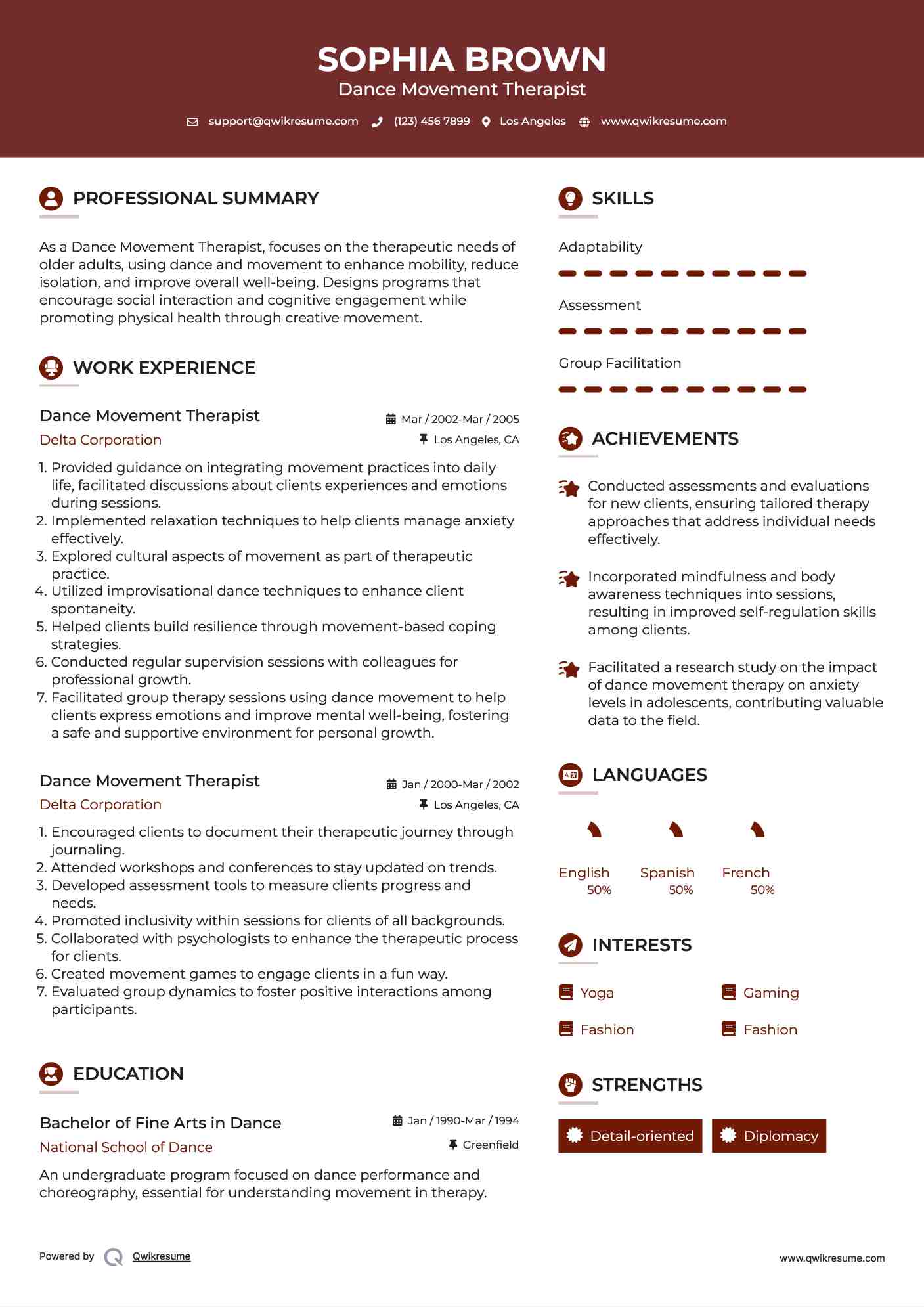 Dance Movement Therapist Resume Example