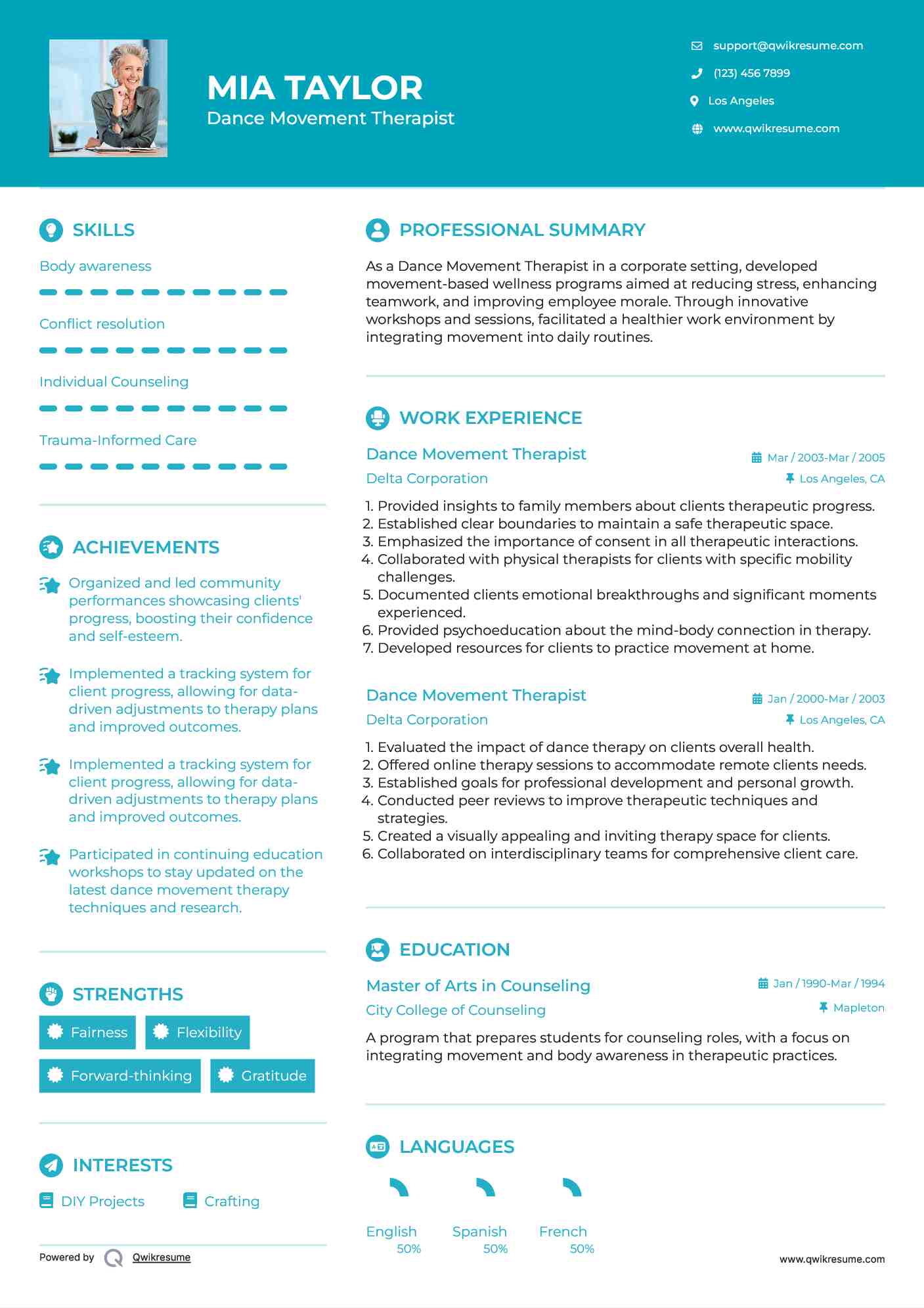Dance Movement Therapist Resume Example