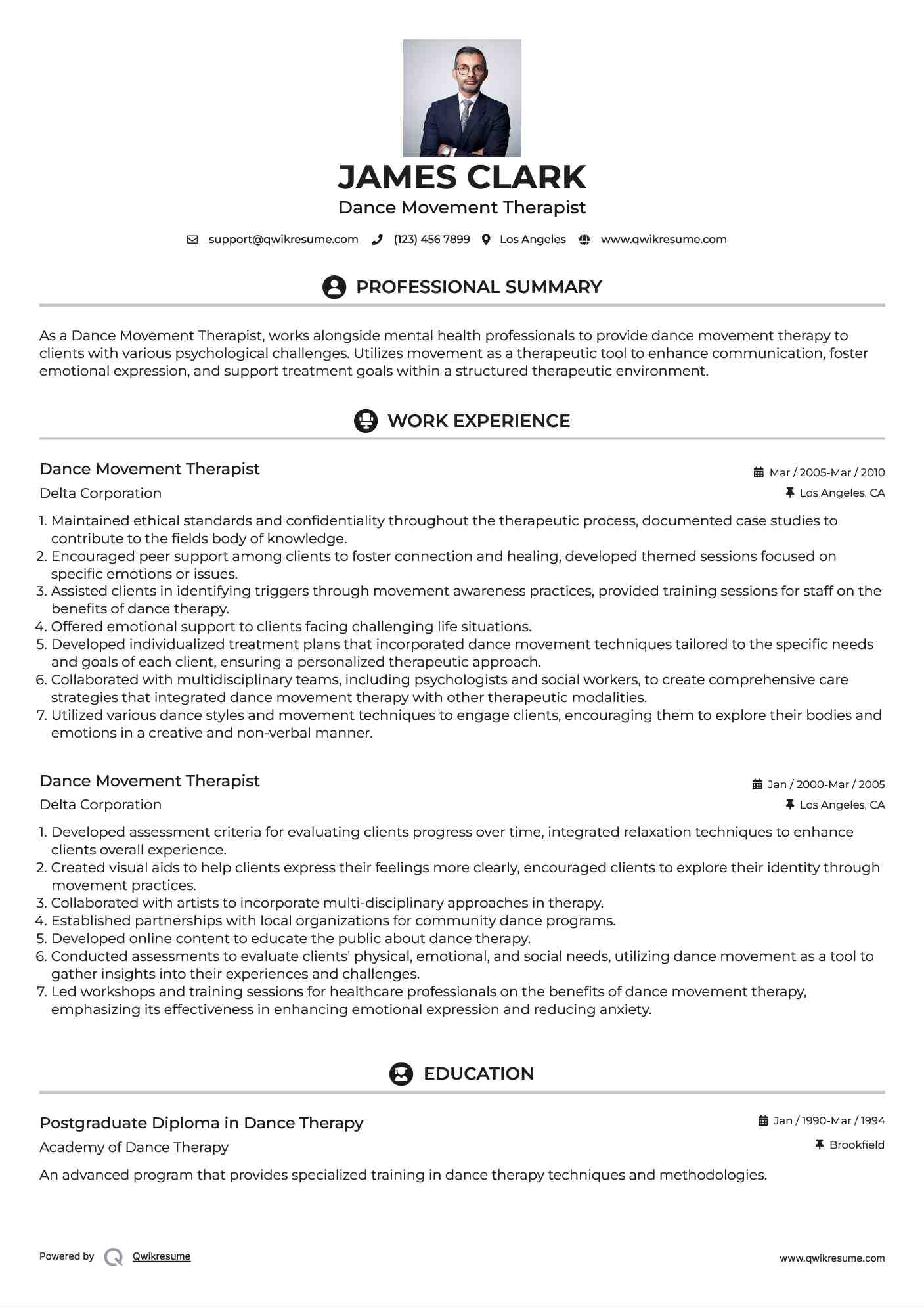 Dance Movement Therapist Resume Format