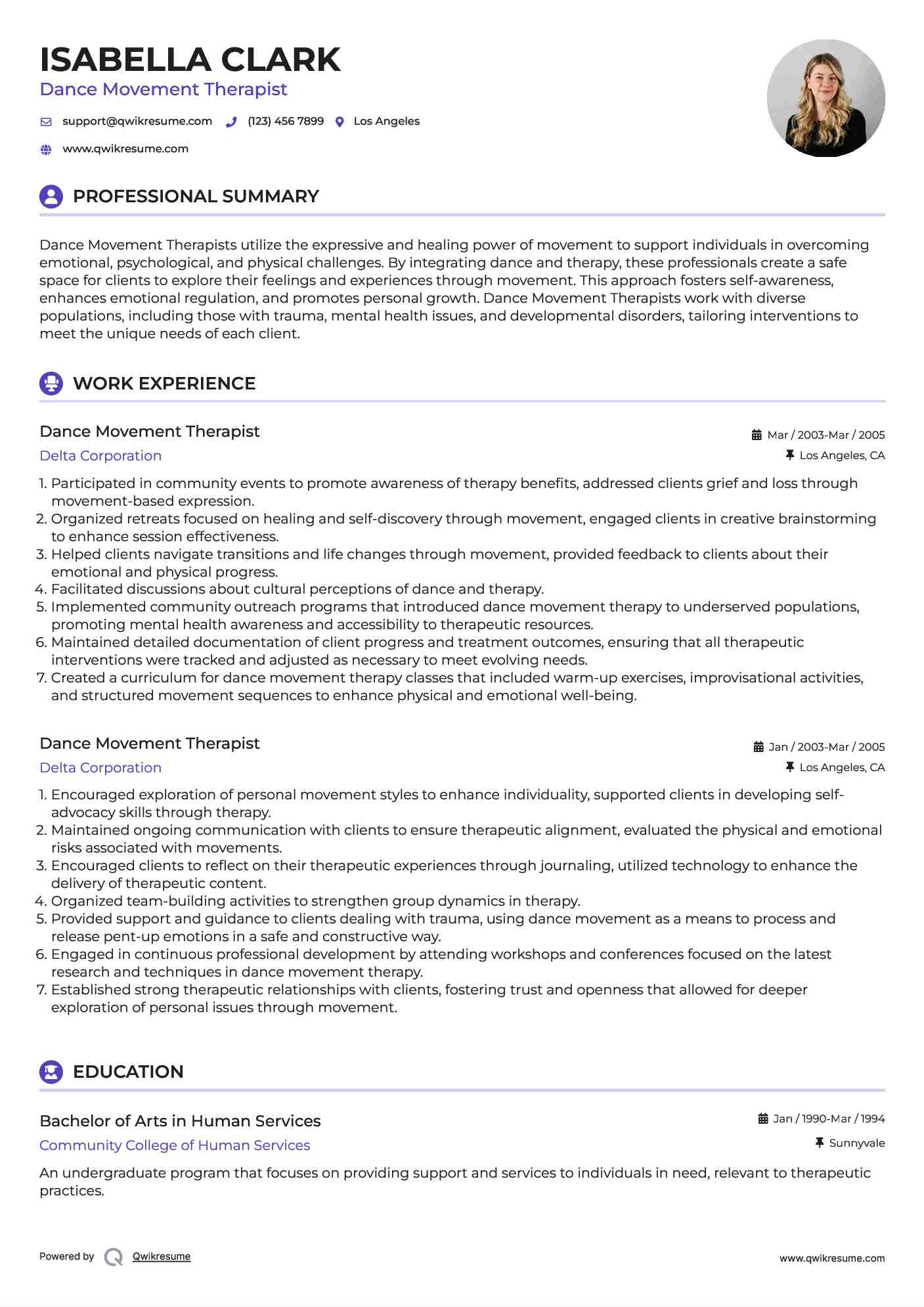 Dance Movement Therapist Resume Model