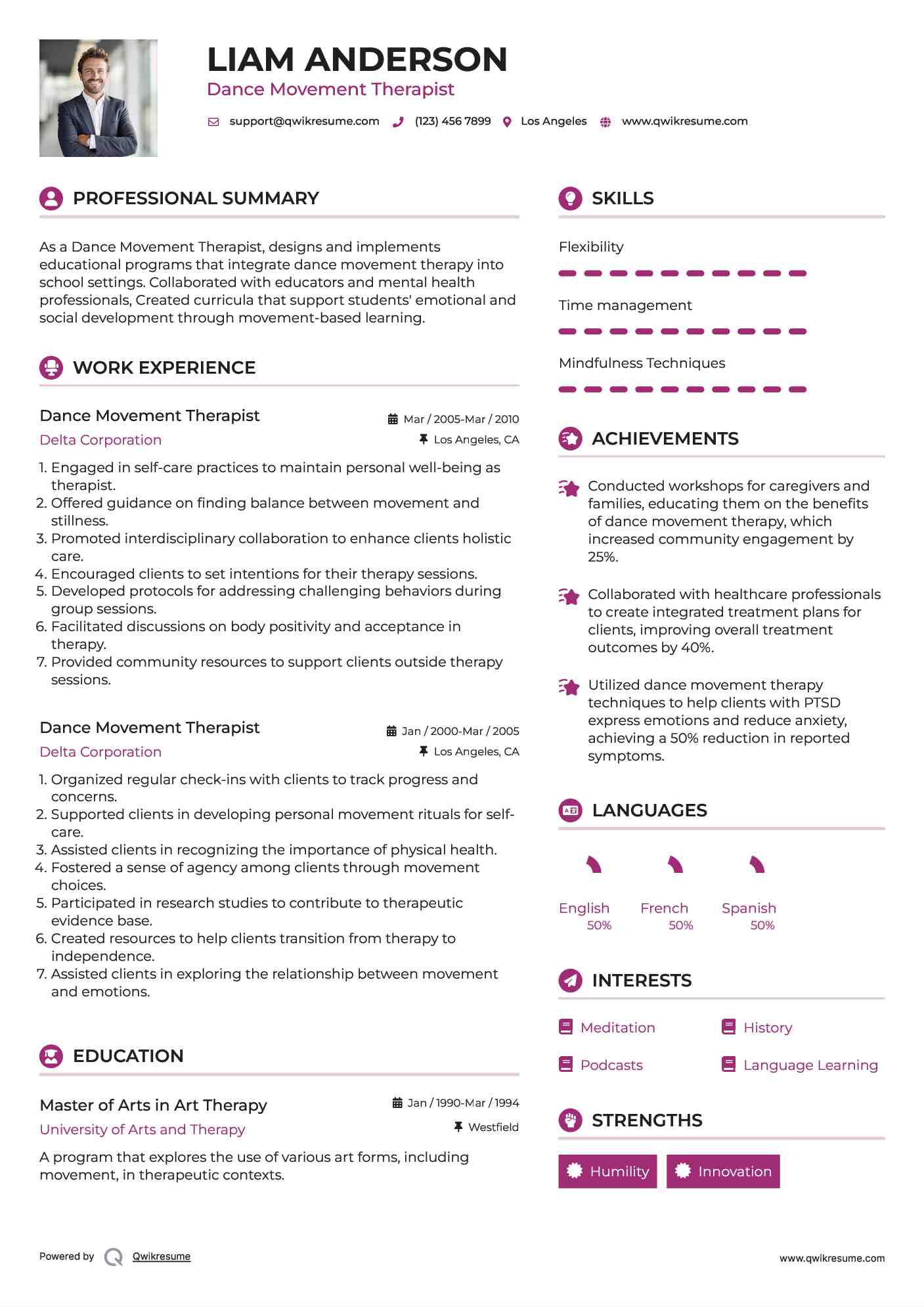 Dance Movement Therapist Resume Sample