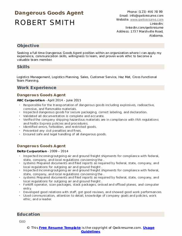 Dangerous Goods Agent Resume Samples QwikResume