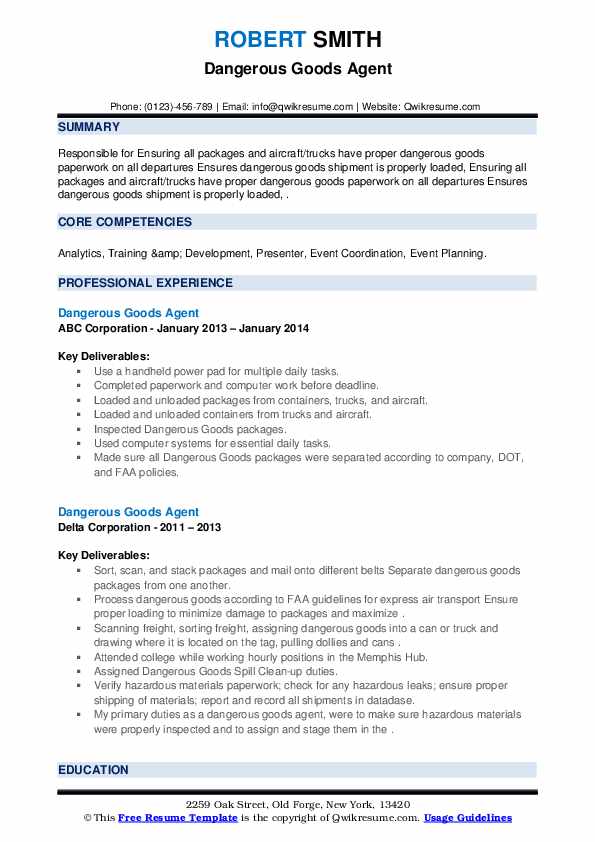 Dangerous Goods Agent Resume Samples QwikResume