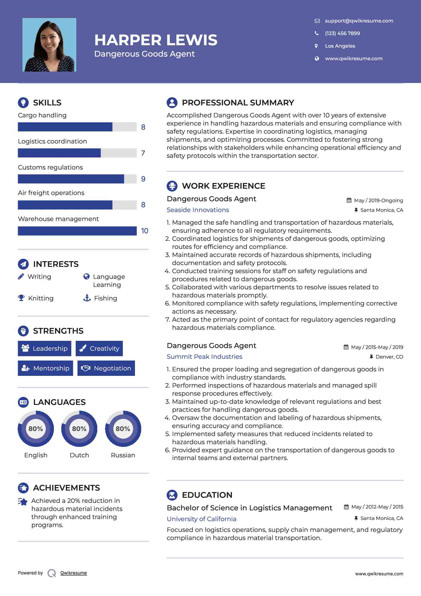 Dangerous Goods Agent Resume Template