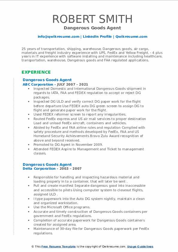 Dangerous Goods Agent Resume Samples QwikResume