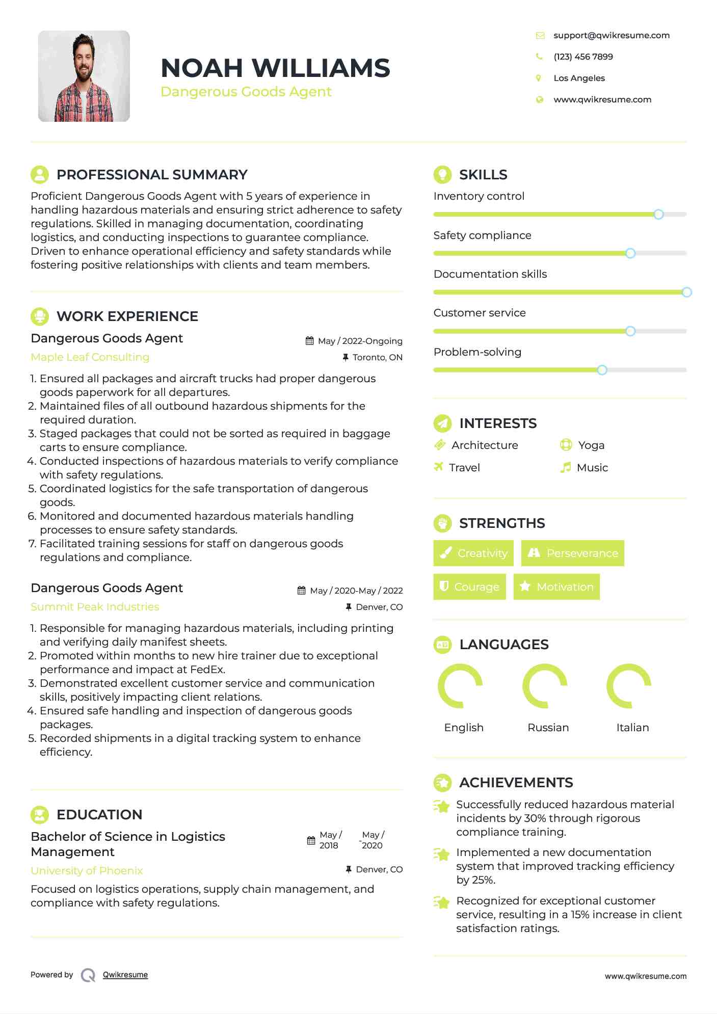 Dangerous Goods Agent Resume Sample