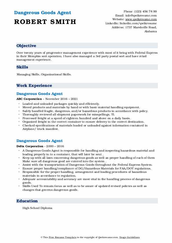 Dangerous Goods Agent Resume Samples QwikResume
