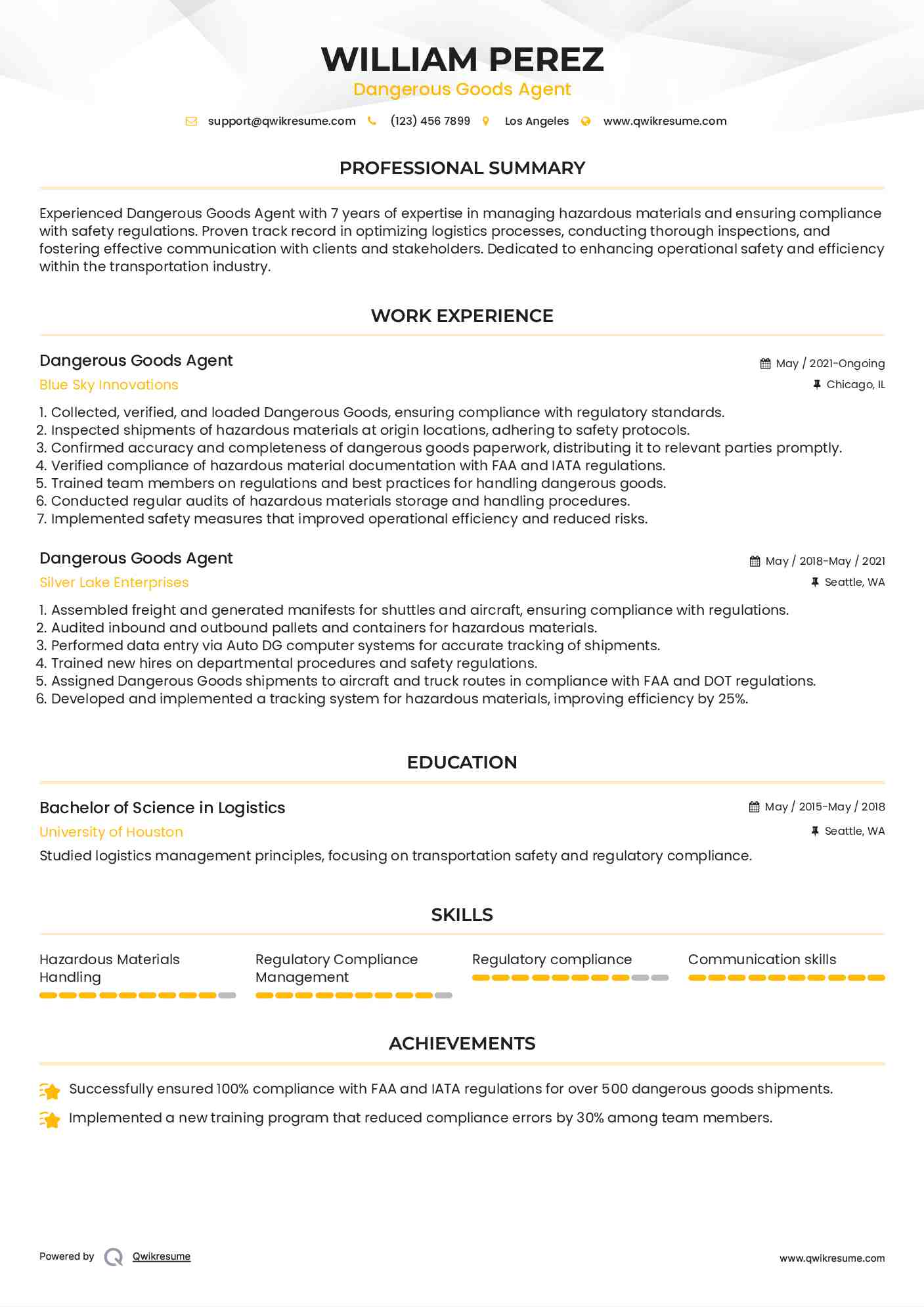Dangerous Goods Agent Resume Model