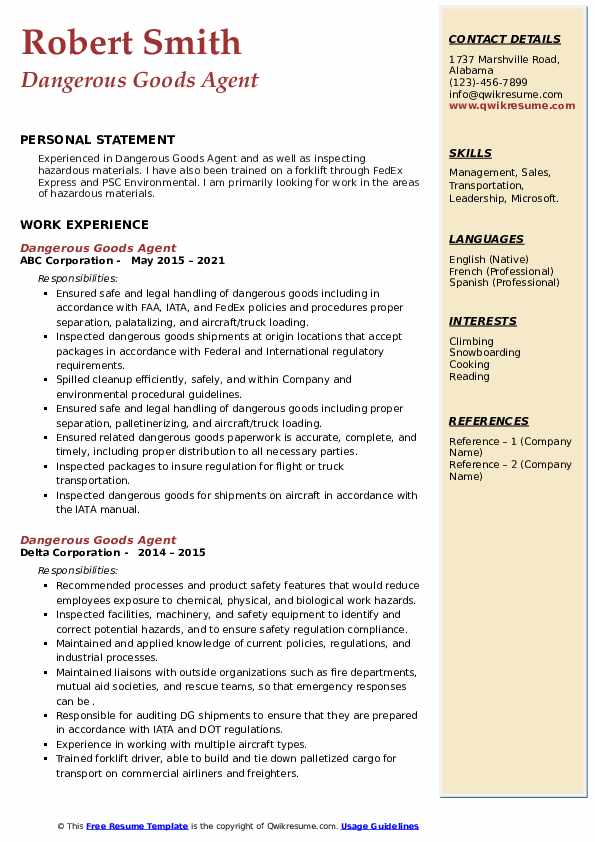 Dangerous Goods Agent Resume Samples QwikResume