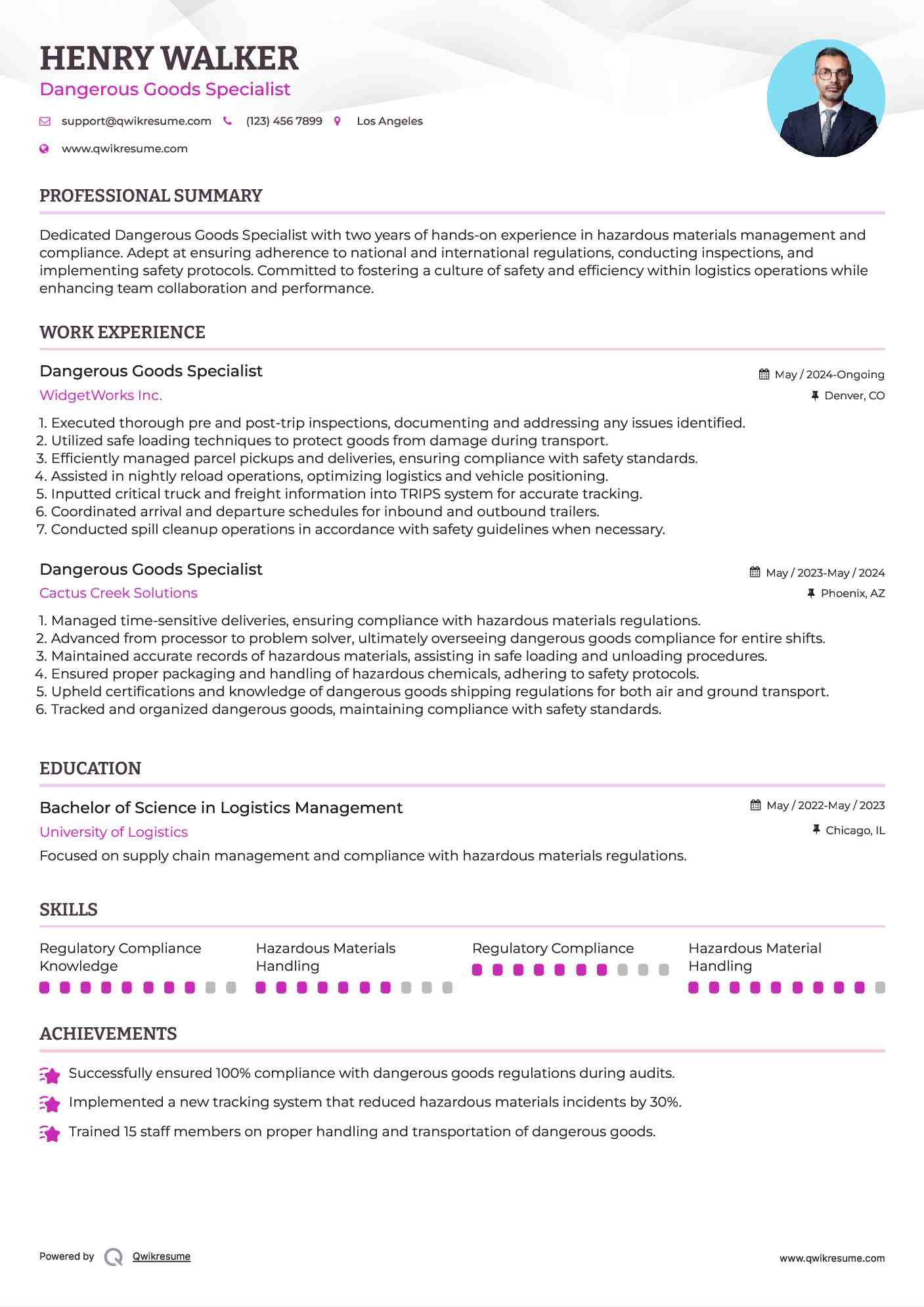 Dangerous Goods Specialist Resume Model