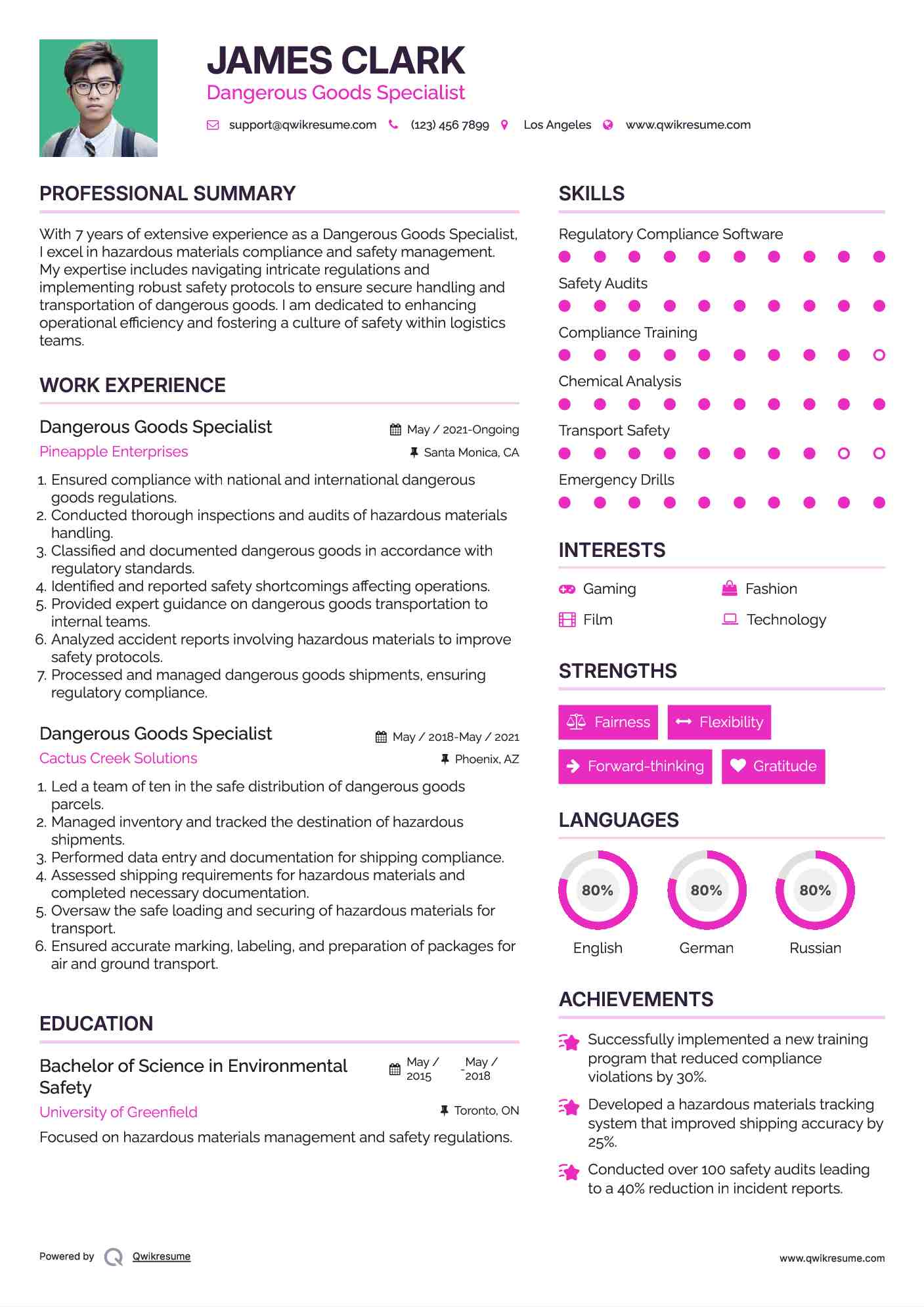 Dangerous Goods Specialist Resume Template