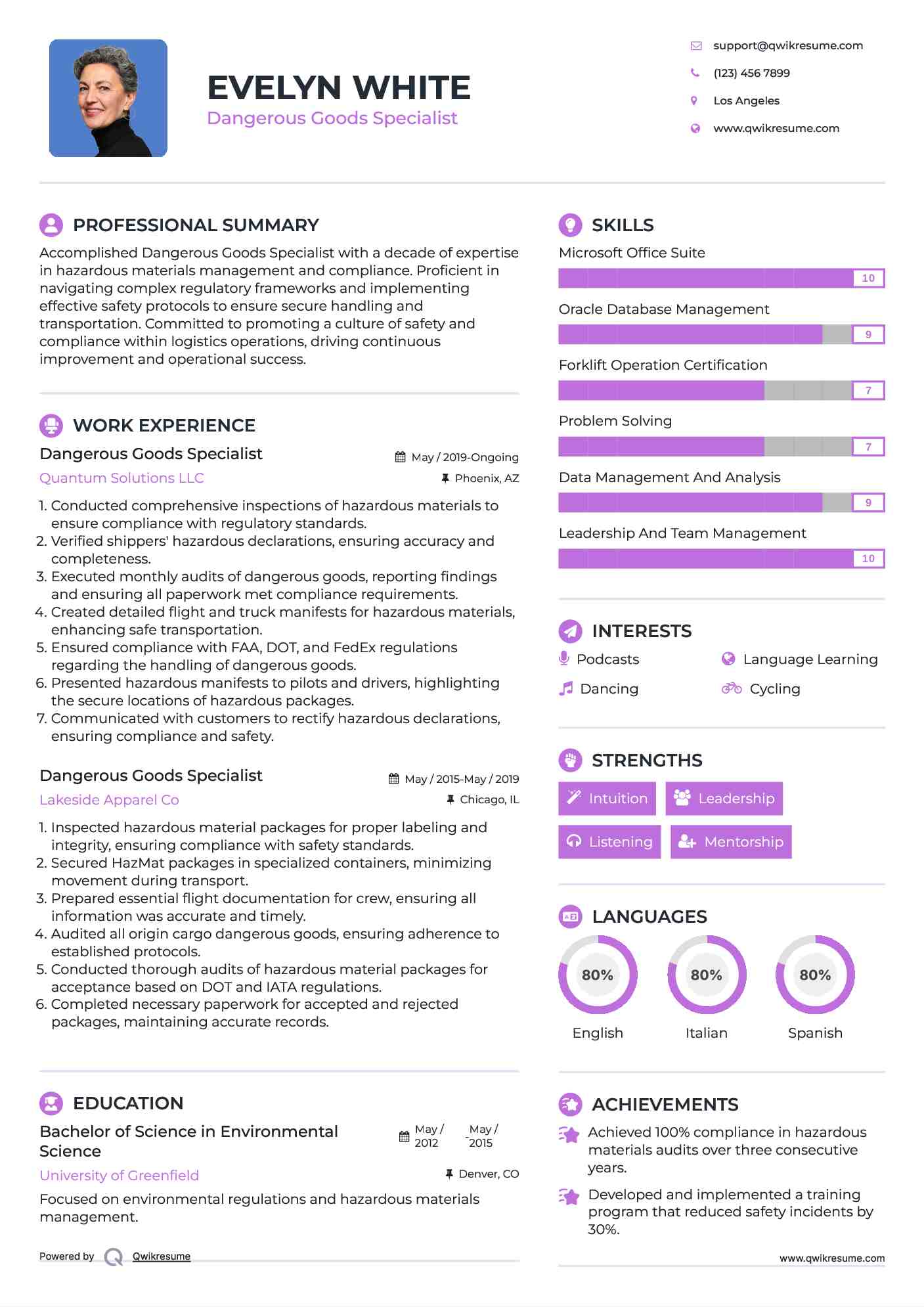 Dangerous Goods Specialist Resume Example