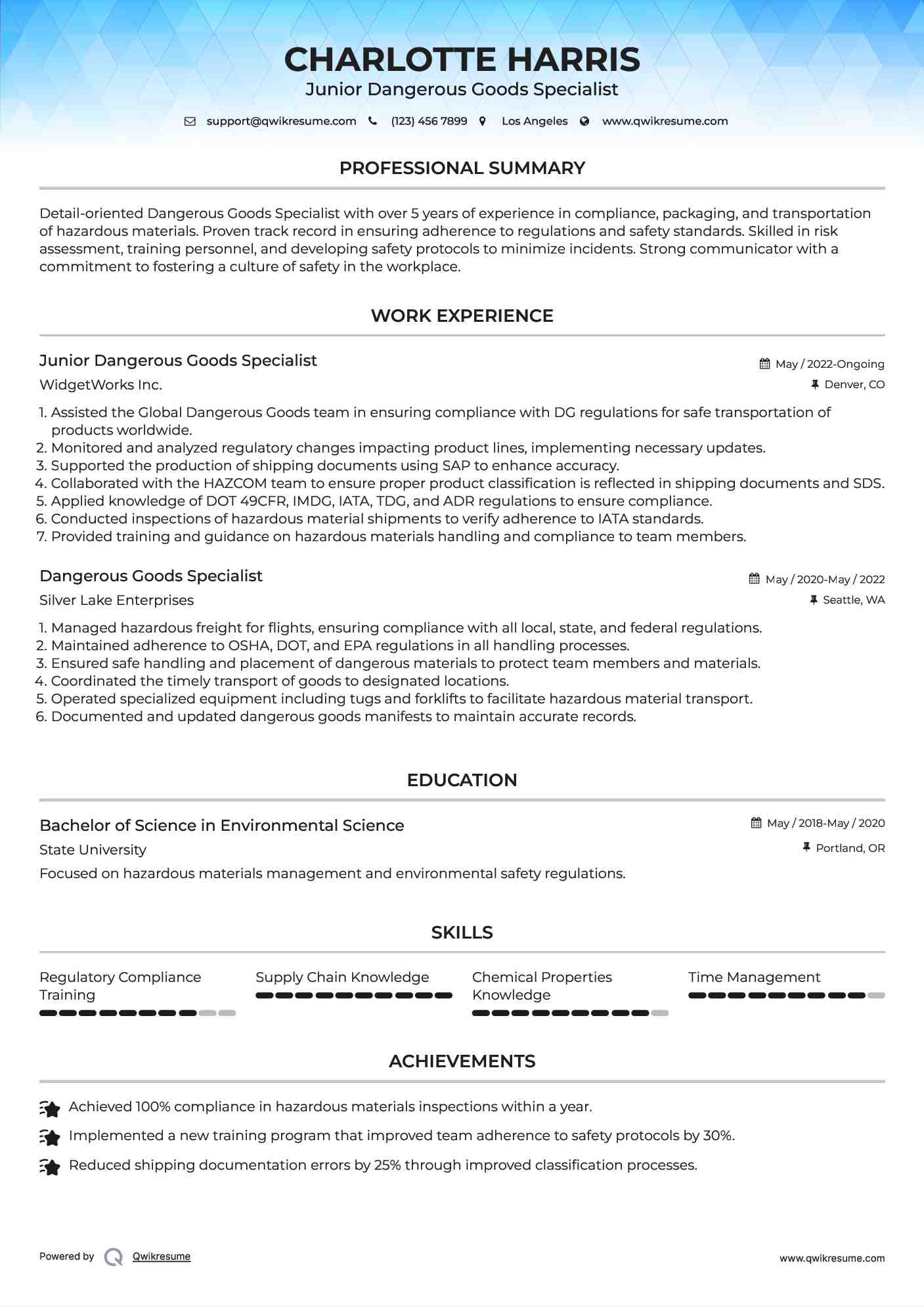Junior Dangerous Goods Specialist Resume Model