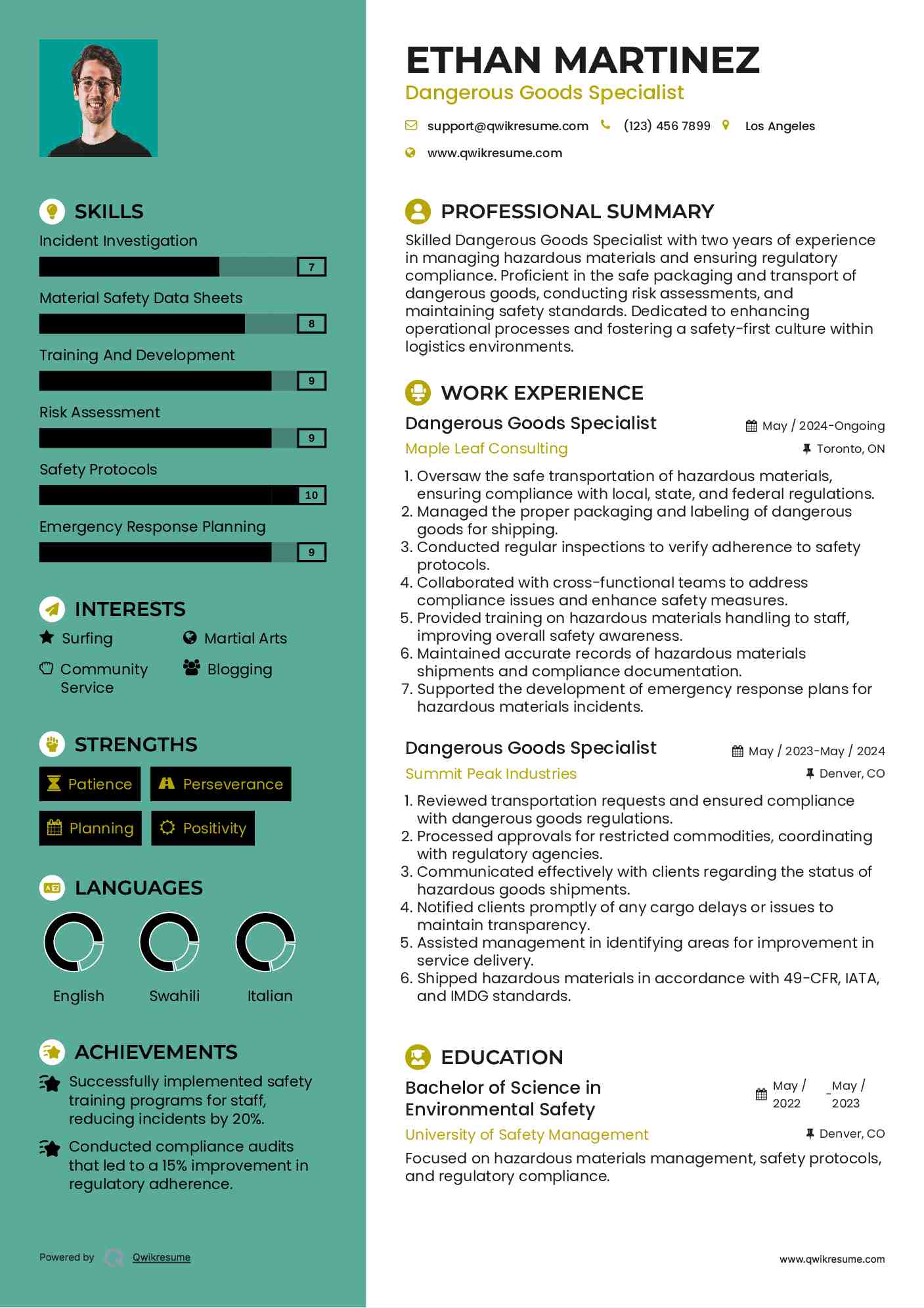 Dangerous Goods Specialist Resume Sample