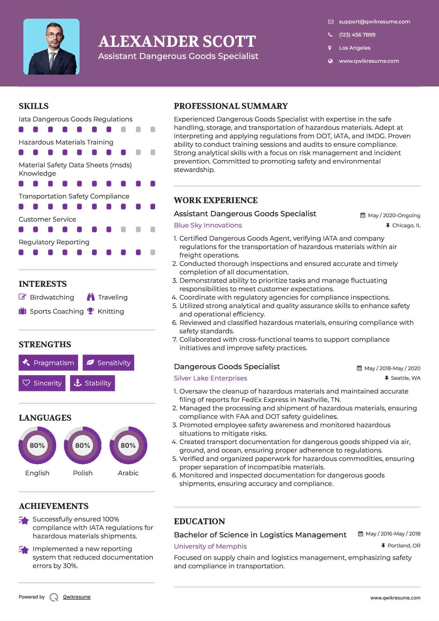 Assistant Dangerous Goods Specialist Resume Sample