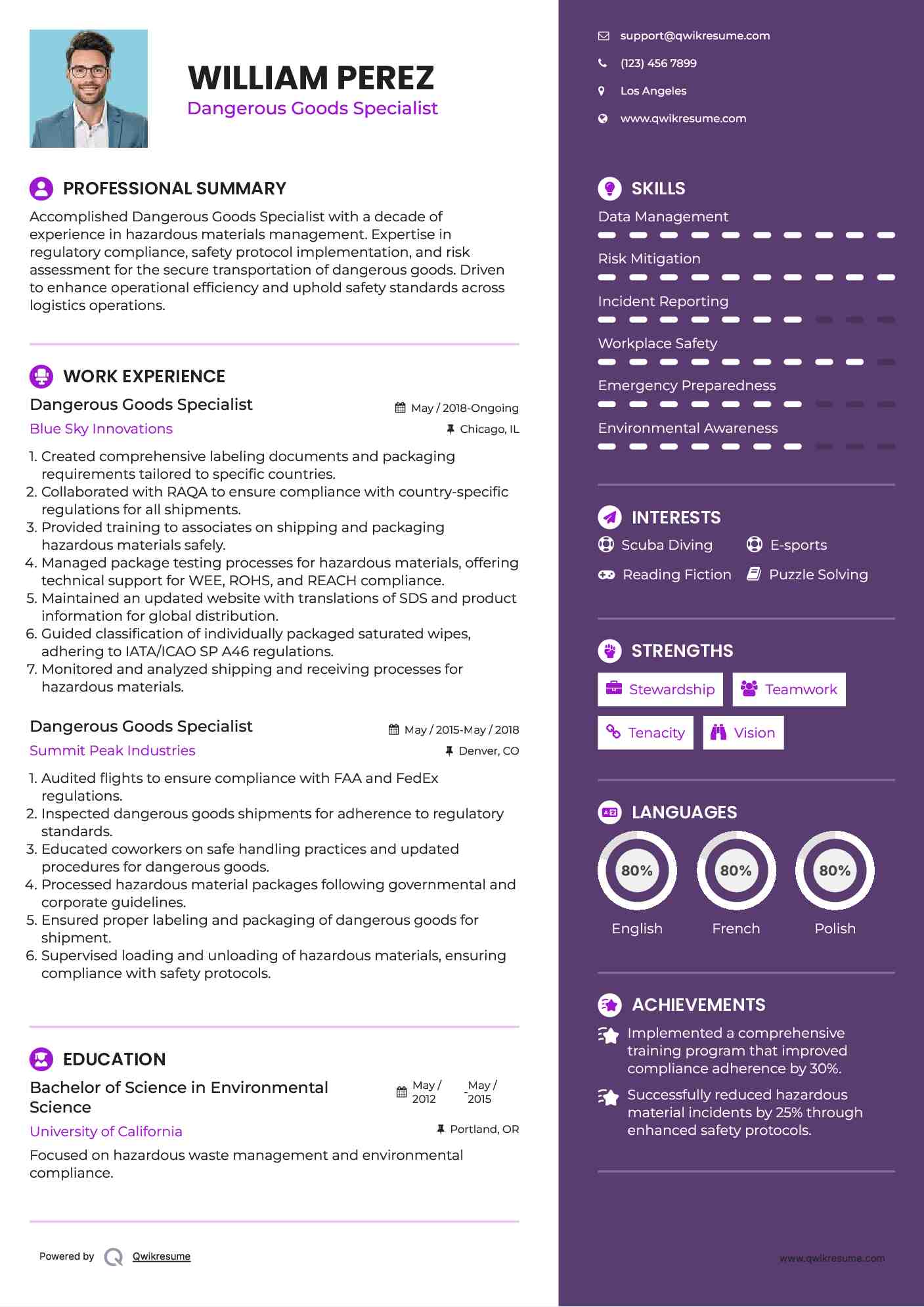 Dangerous Goods Specialist Resume Example