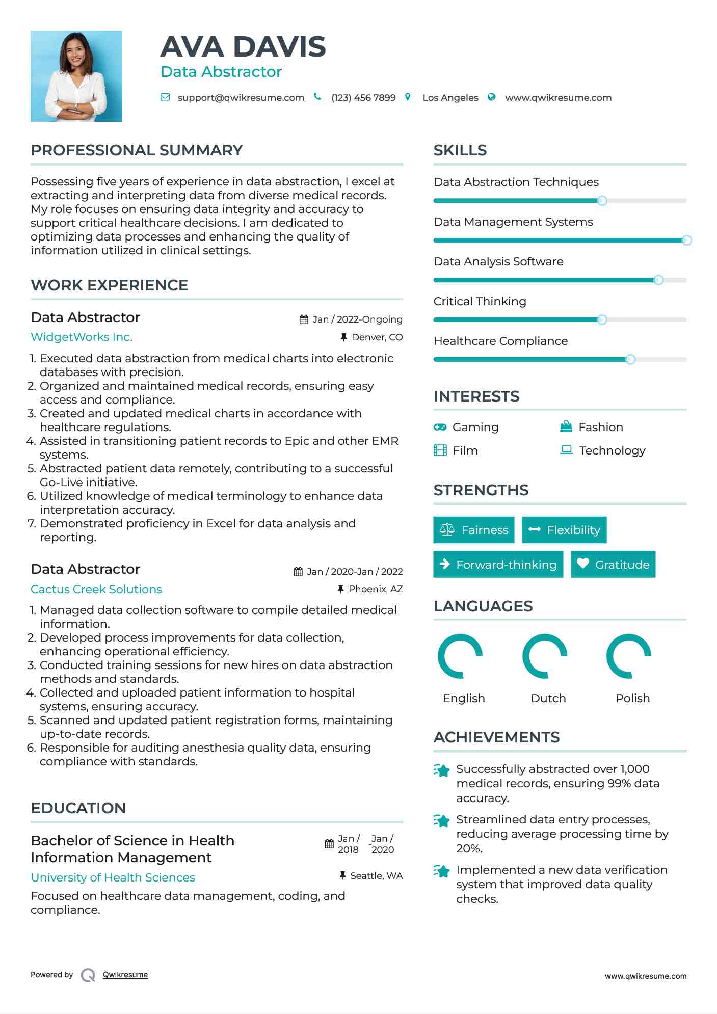 Data Abstractor Resume Sample