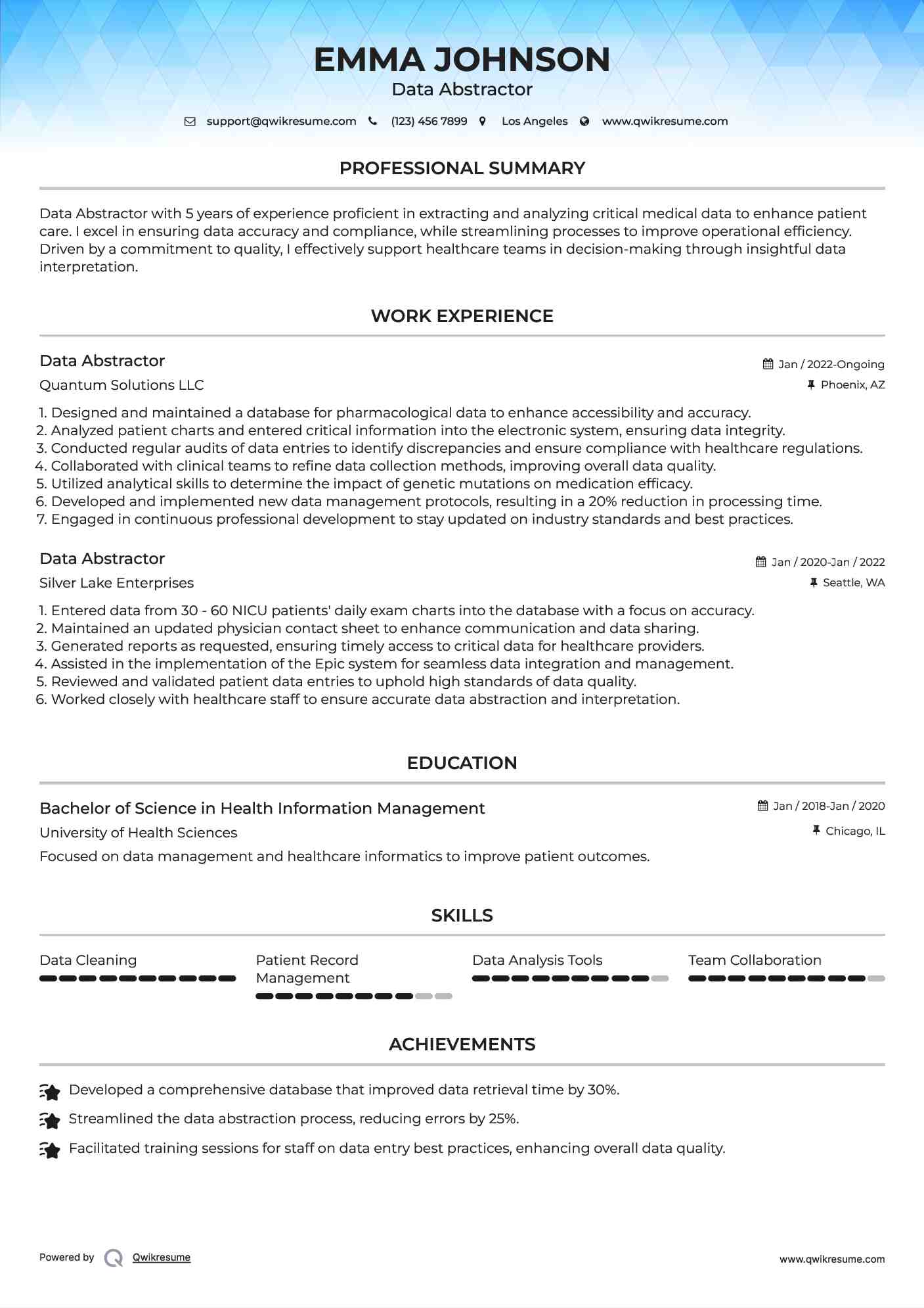 Data Abstractor Resume Example