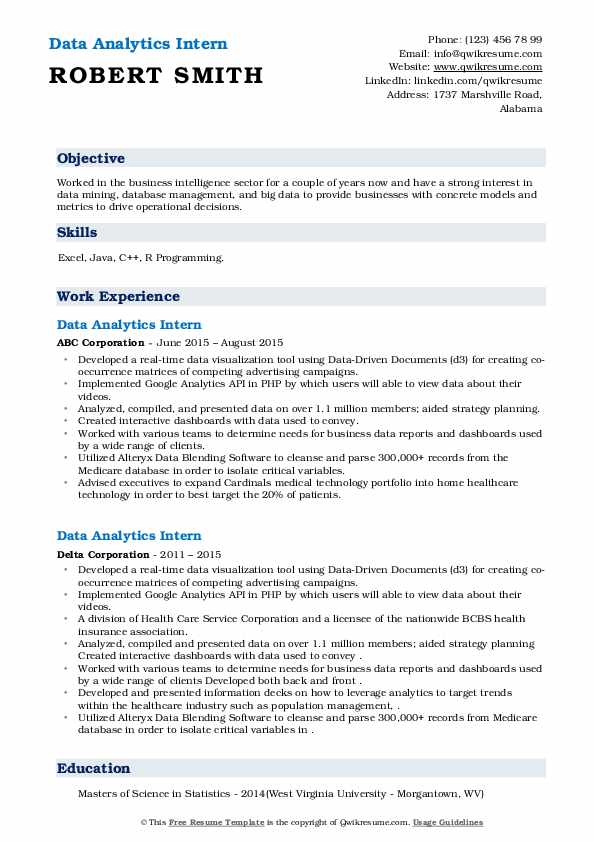 Data Analytics Intern Resume Samples QwikResume
