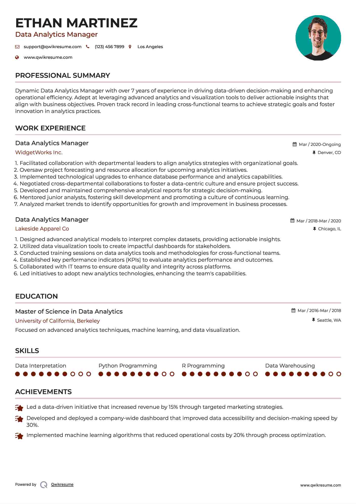 Data Analytics Manager Resume Model