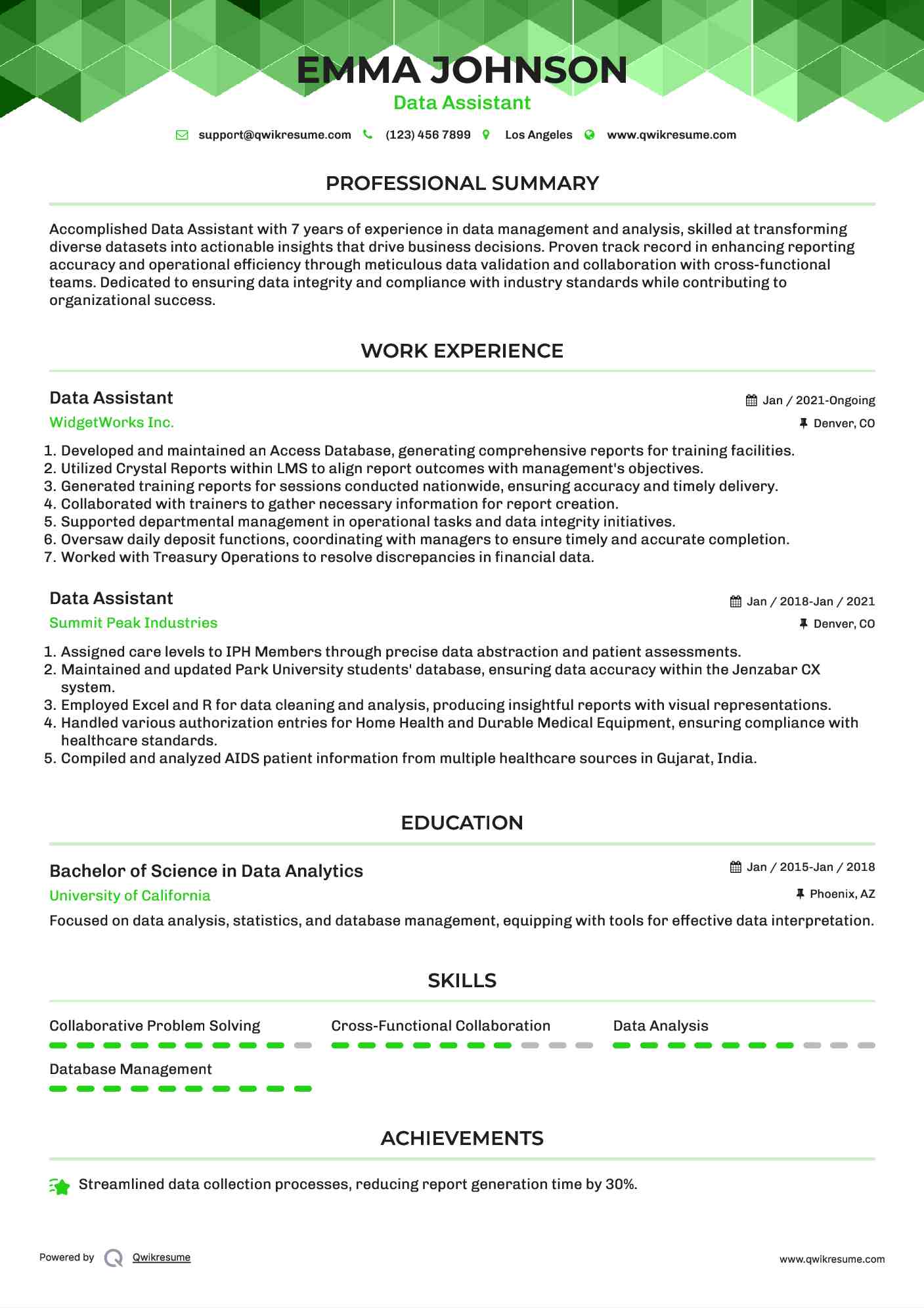 Data Assistant Resume Example
