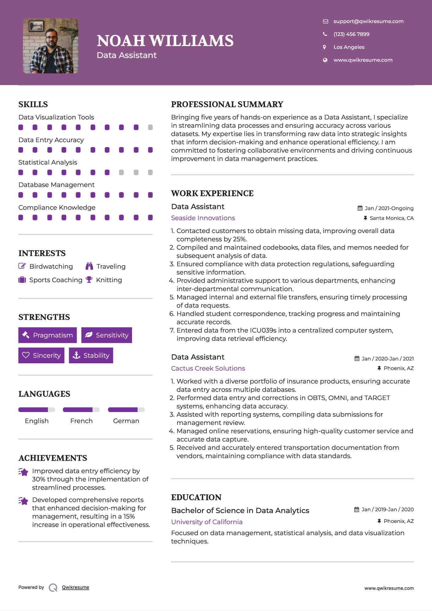 Data Assistant Resume Sample