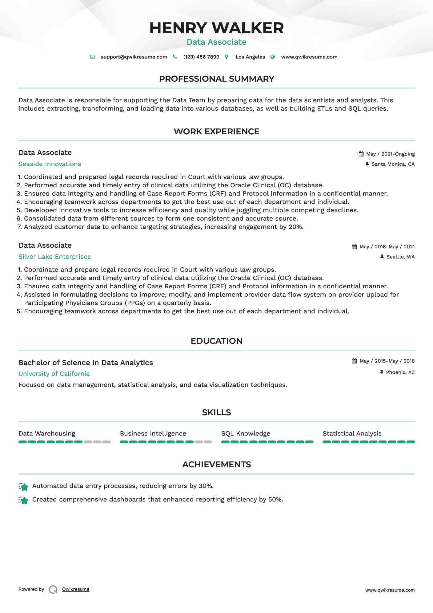 Data Associate Resume Sample
