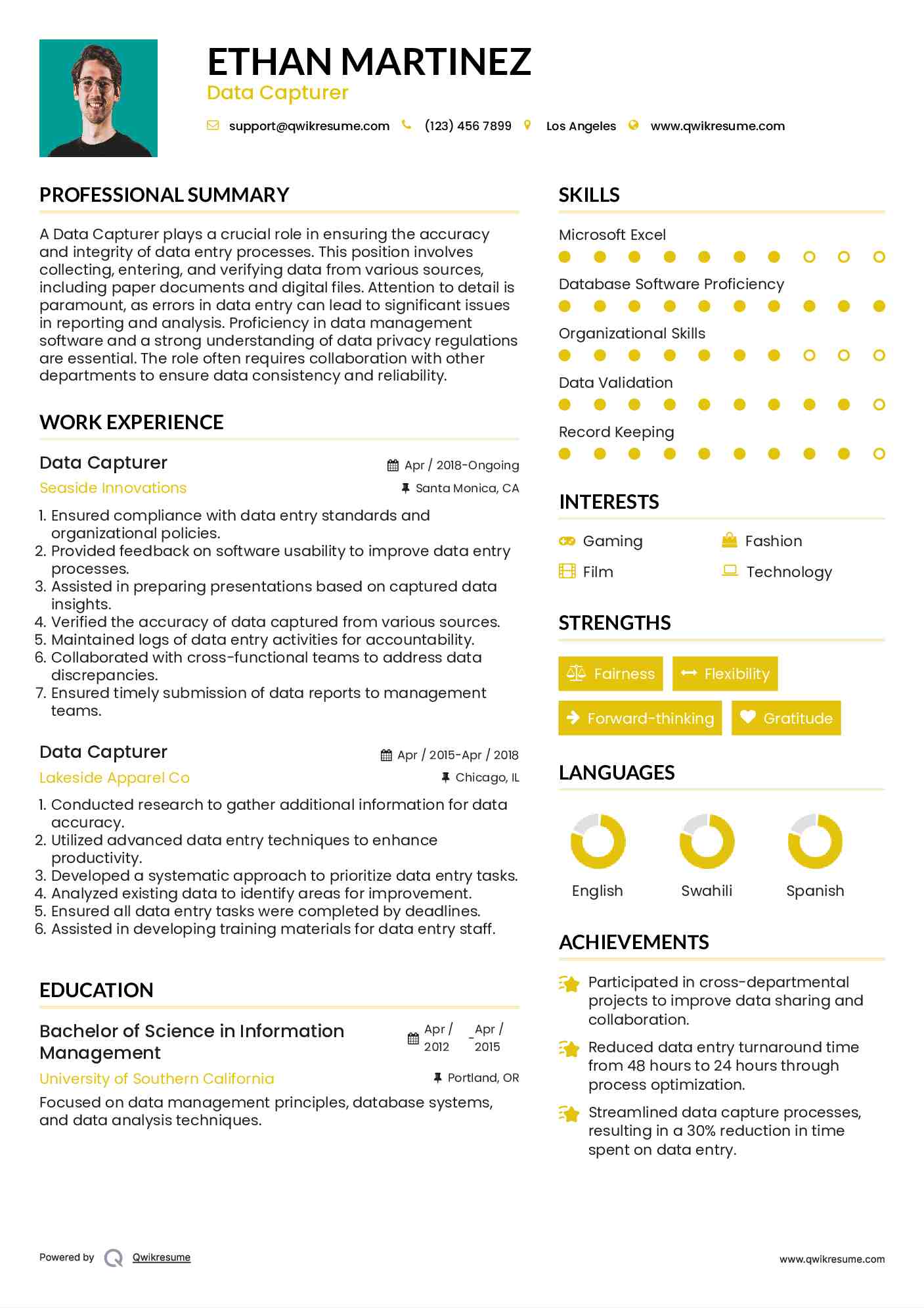 Data Capturer Resume Sample