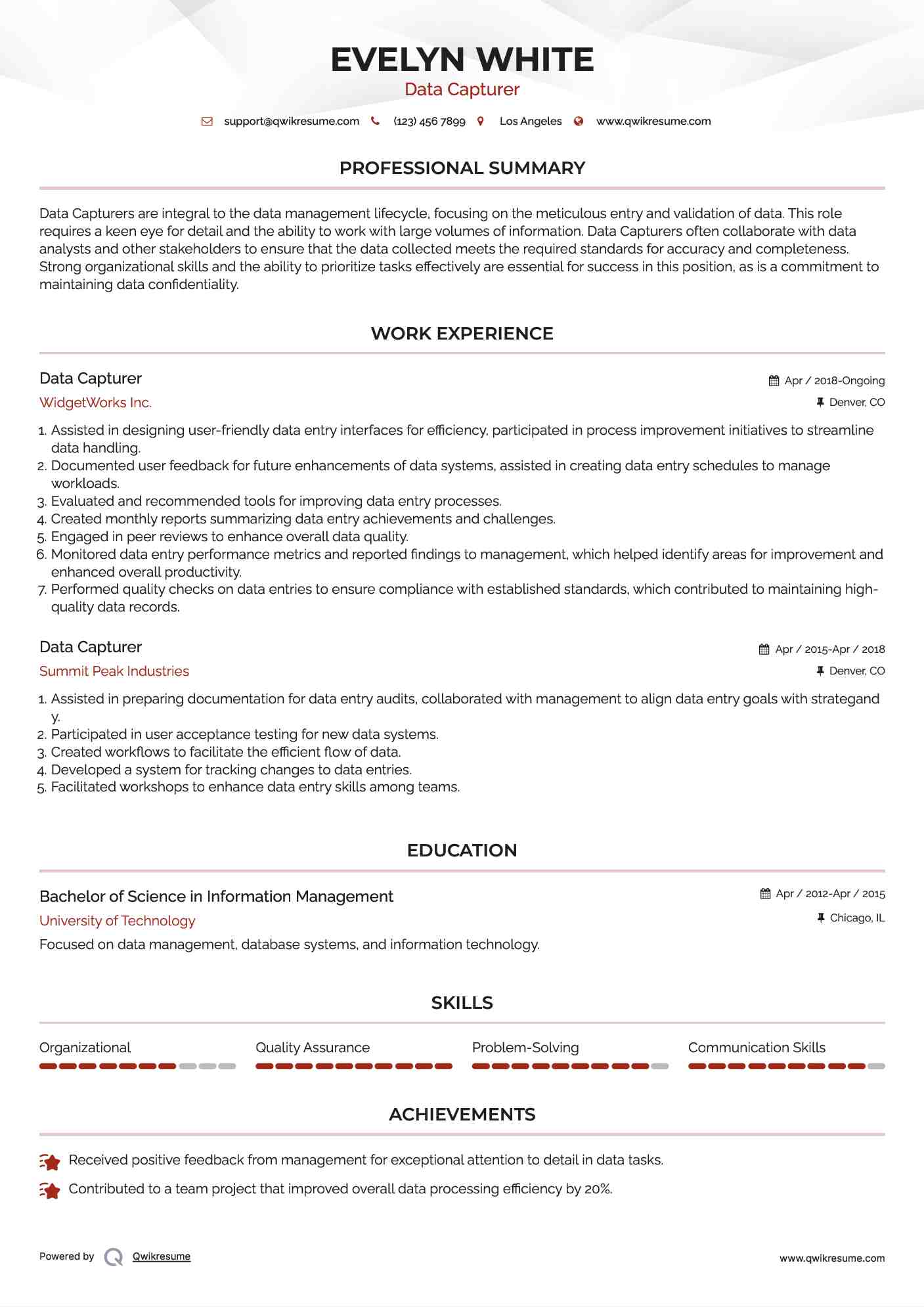 Data Capturer Resume Model