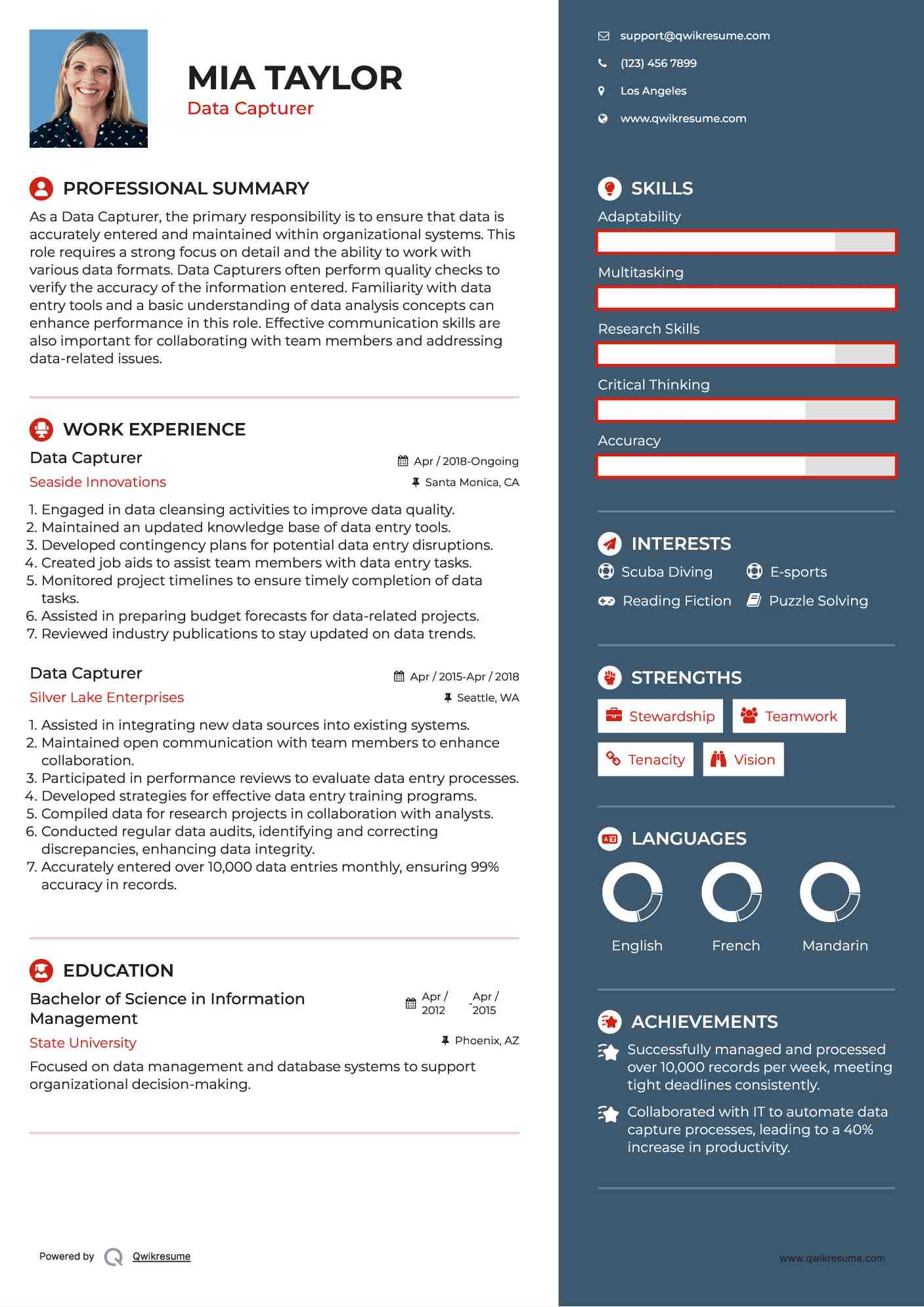 Data Capturer Resume Sample