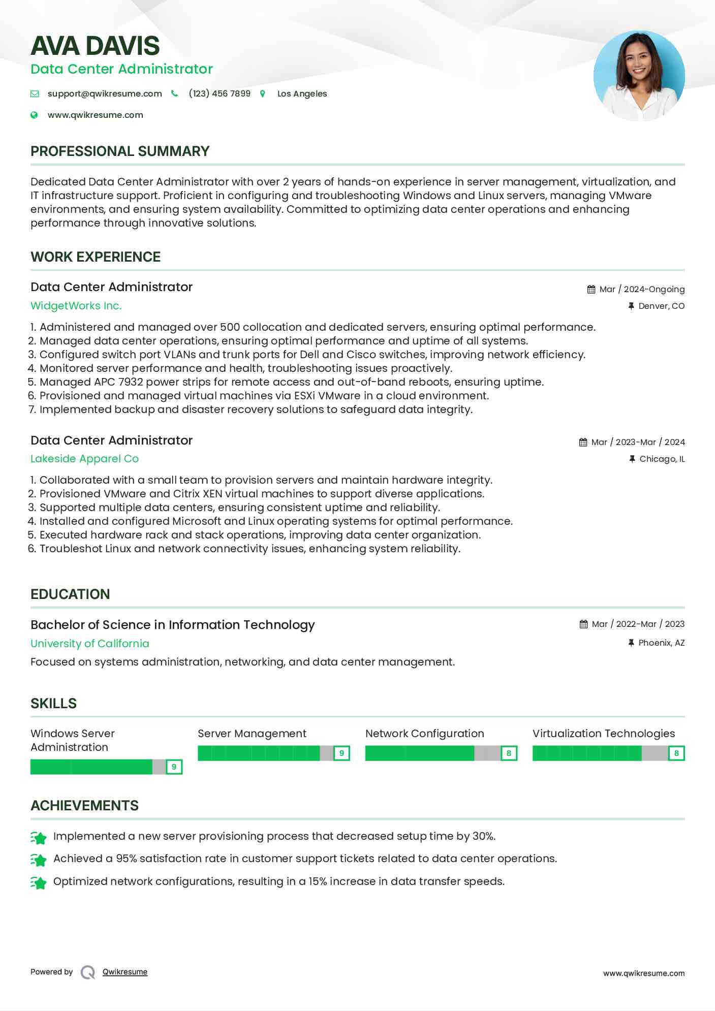 Data Center Administrator Resume Format