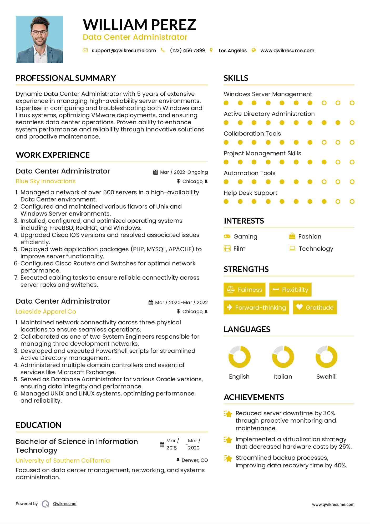 Data Center Administrator Resume Example