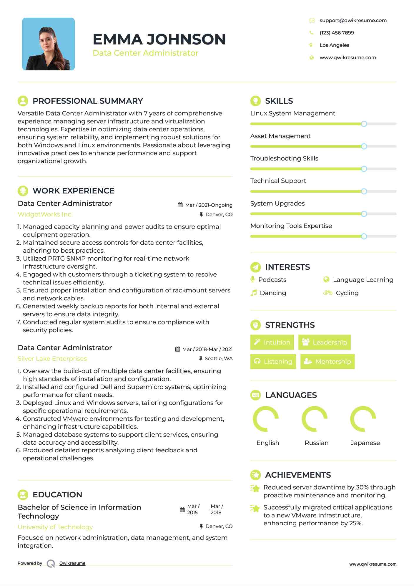 Data Center Administrator Resume Example