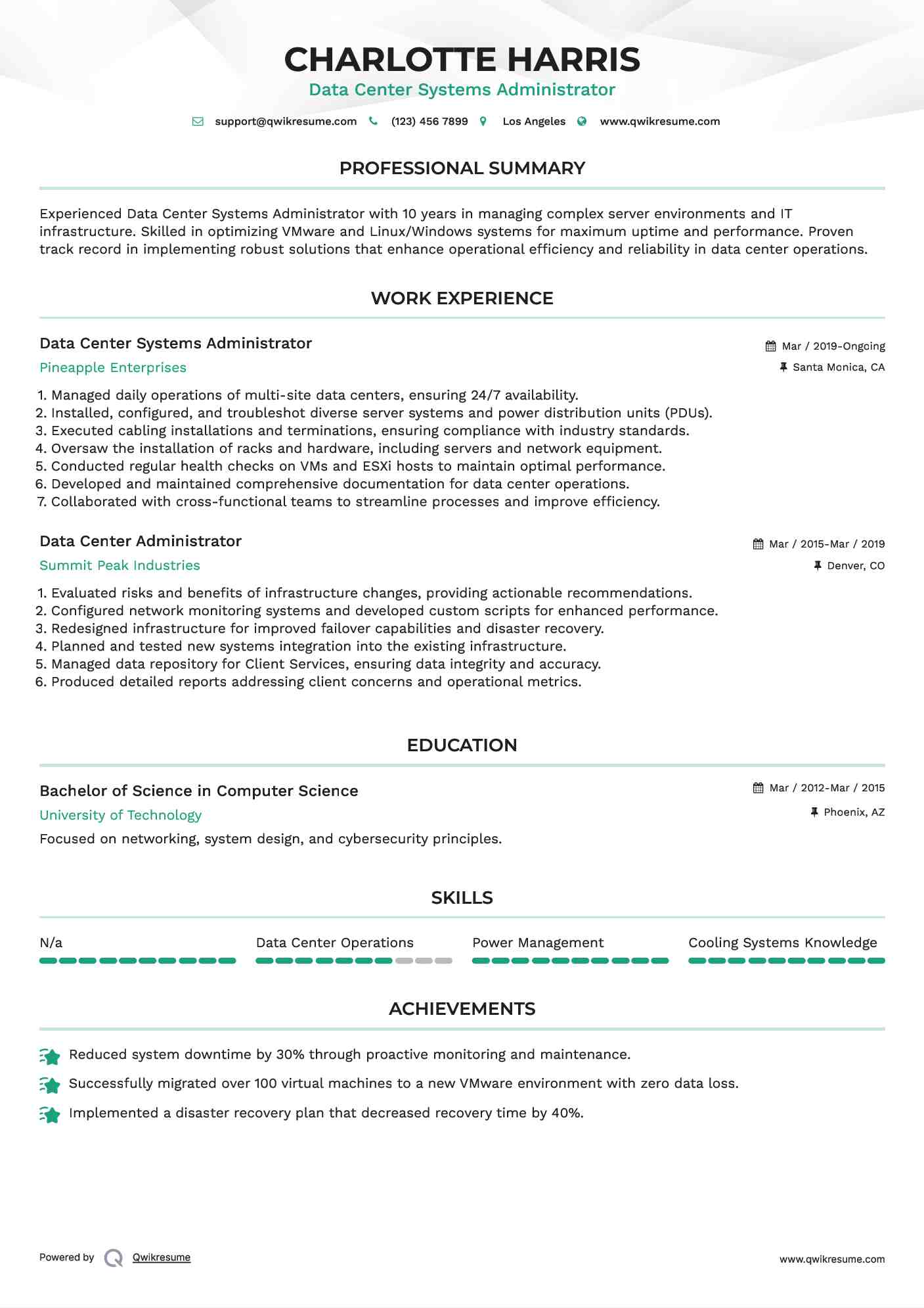 Data Center Systems Administrator Resume Example