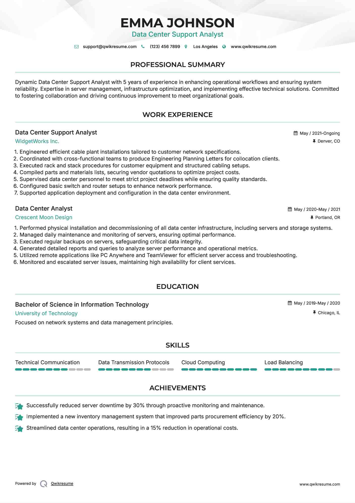 Data Center Support Analyst Resume Sample