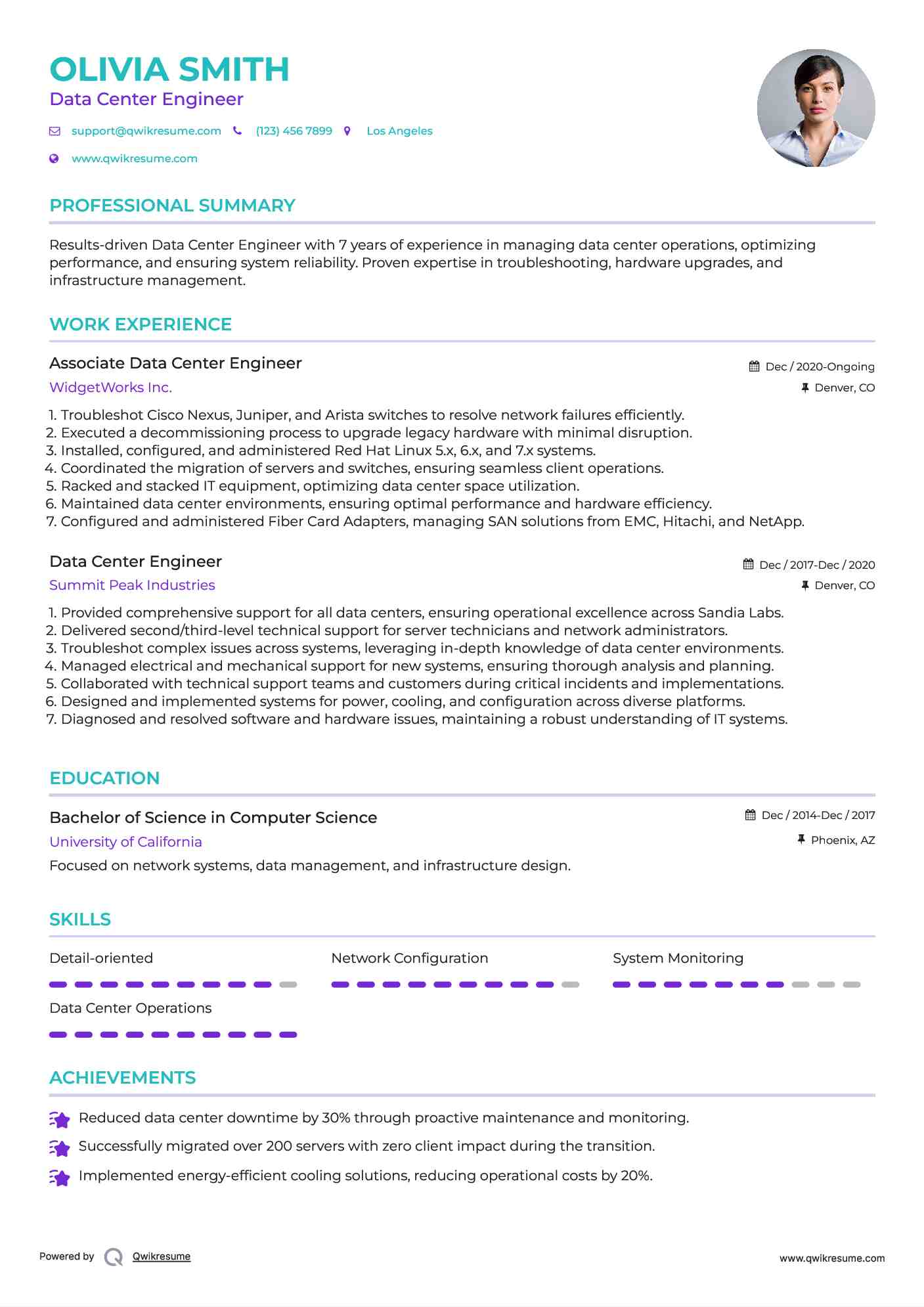 Data Center Engineer Resume Samples | QwikResume