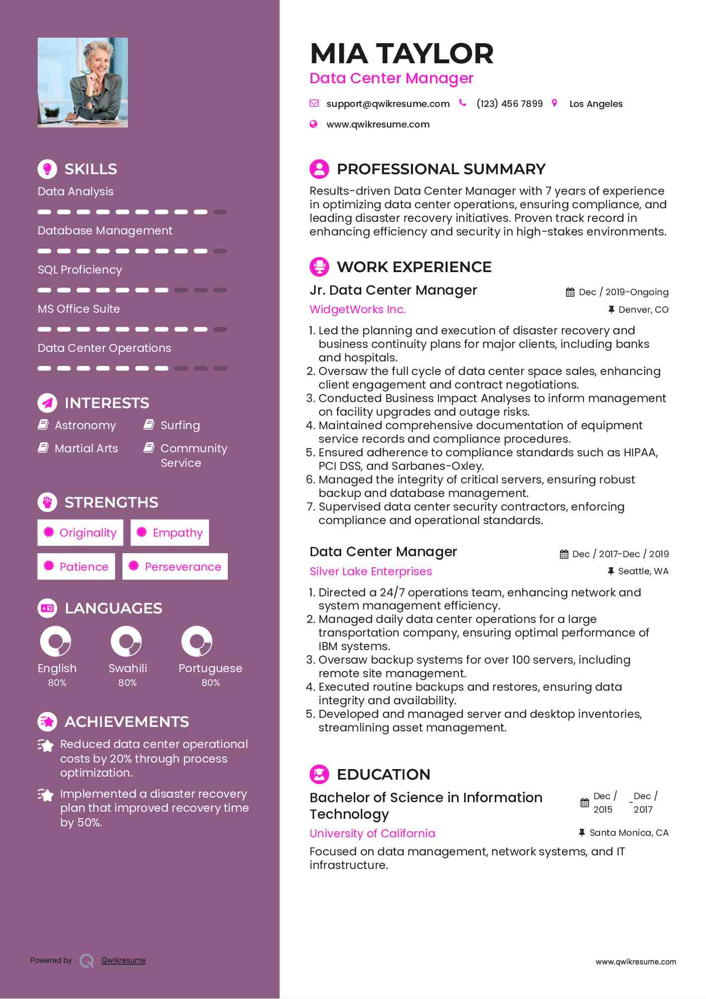 Jr. Data Center Manager Resume Example