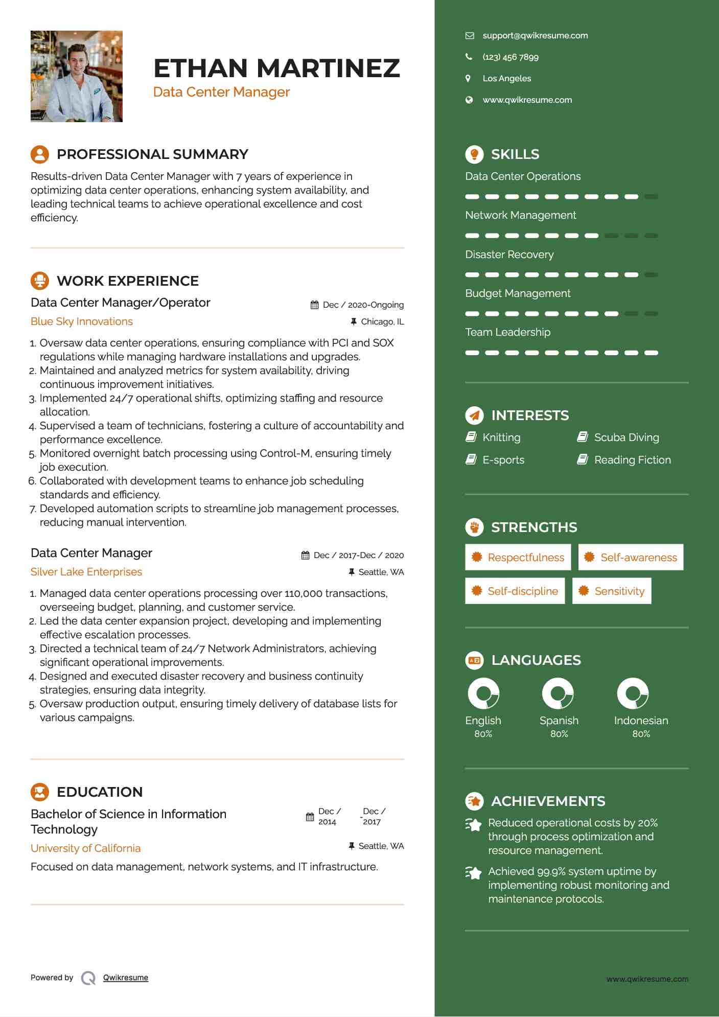 Data Center Manager/Operator Resume Model