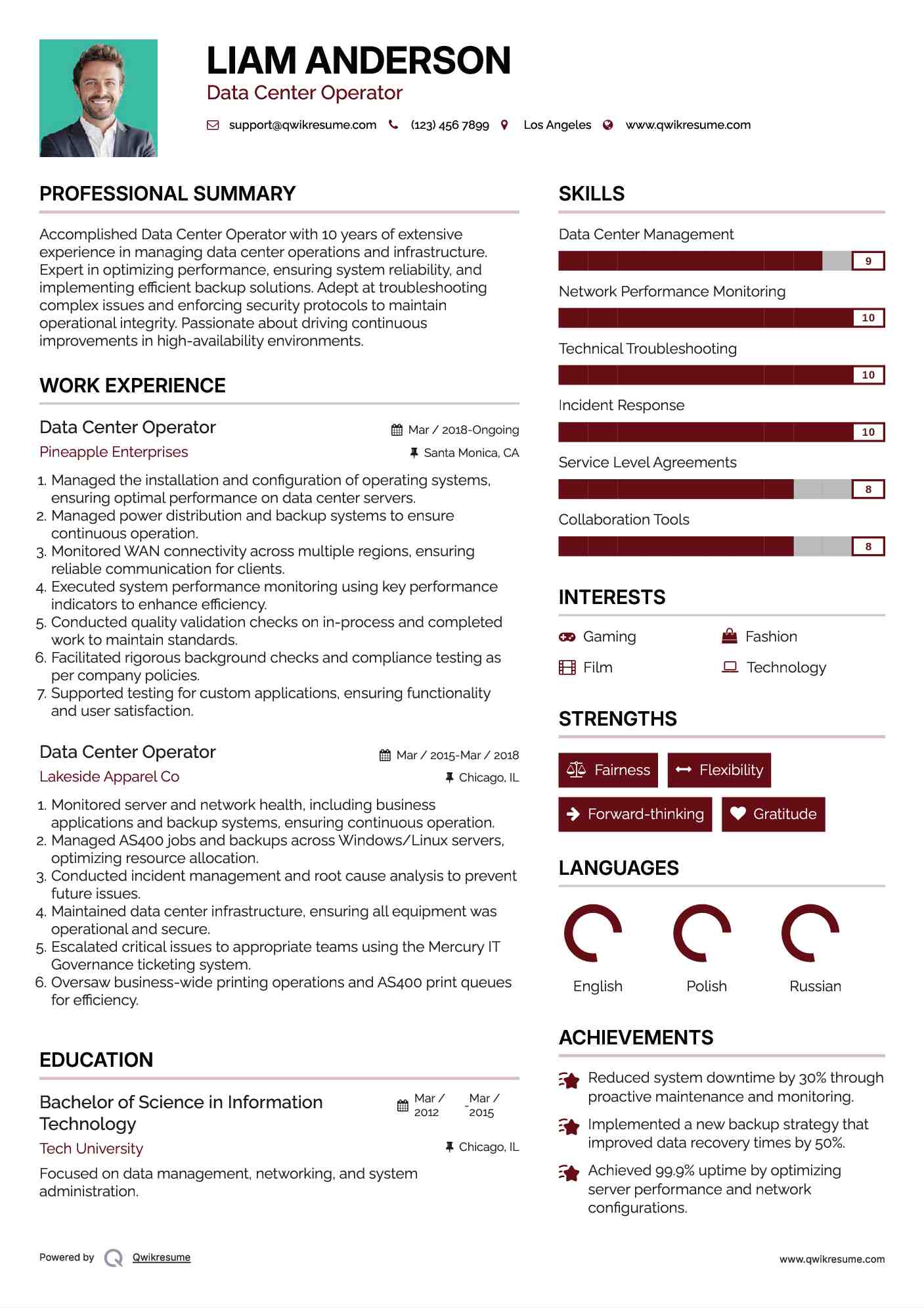 Data Center Operator Resume Sample