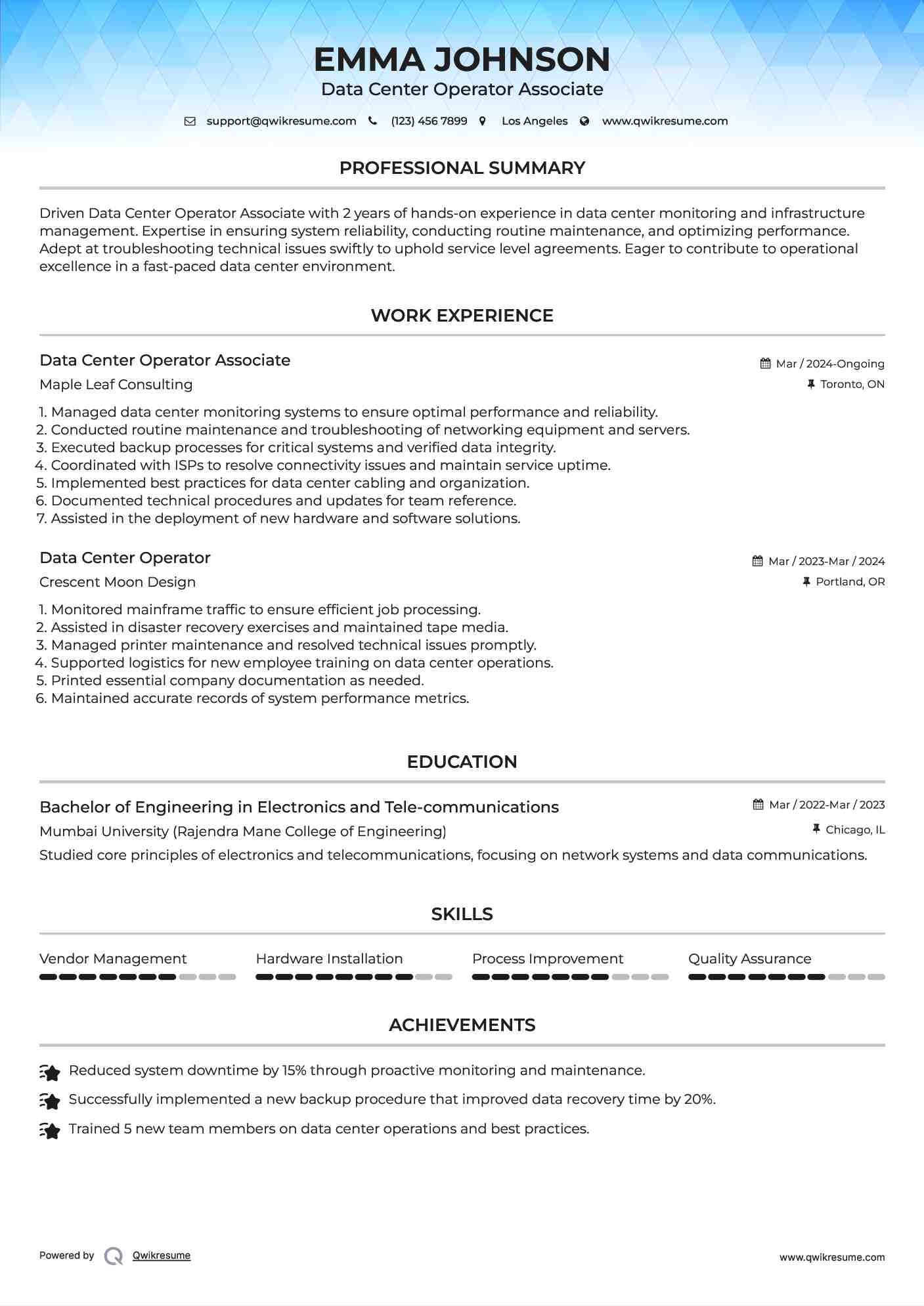 Data Center Operator Associate Resume Example