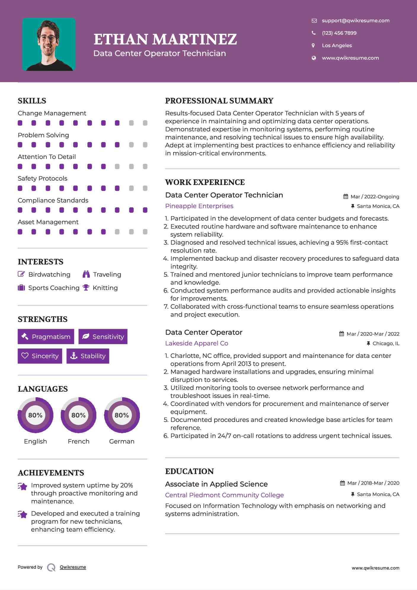 Data Center Operator Technician Resume Sample