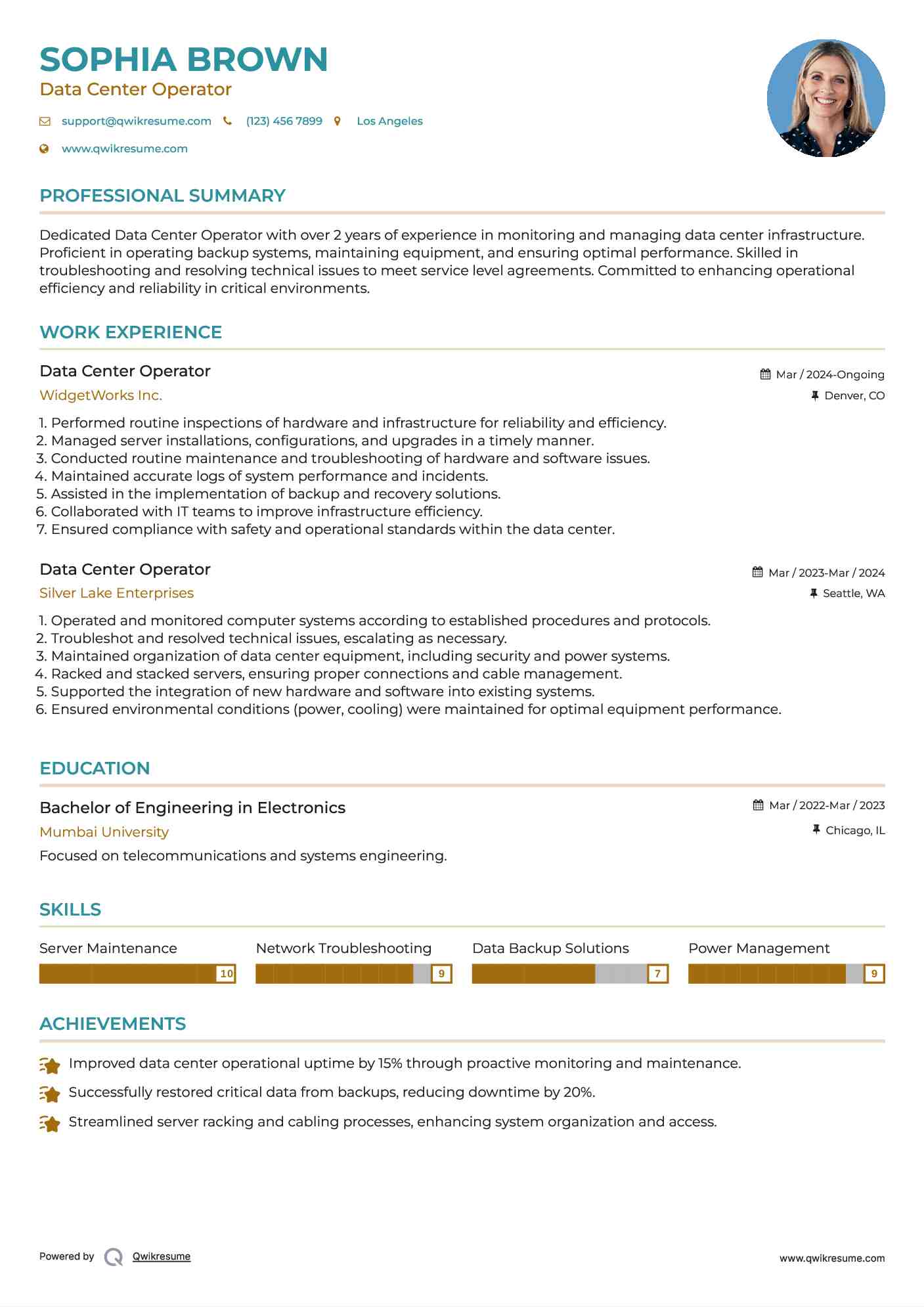 Data Center Operator Resume Template